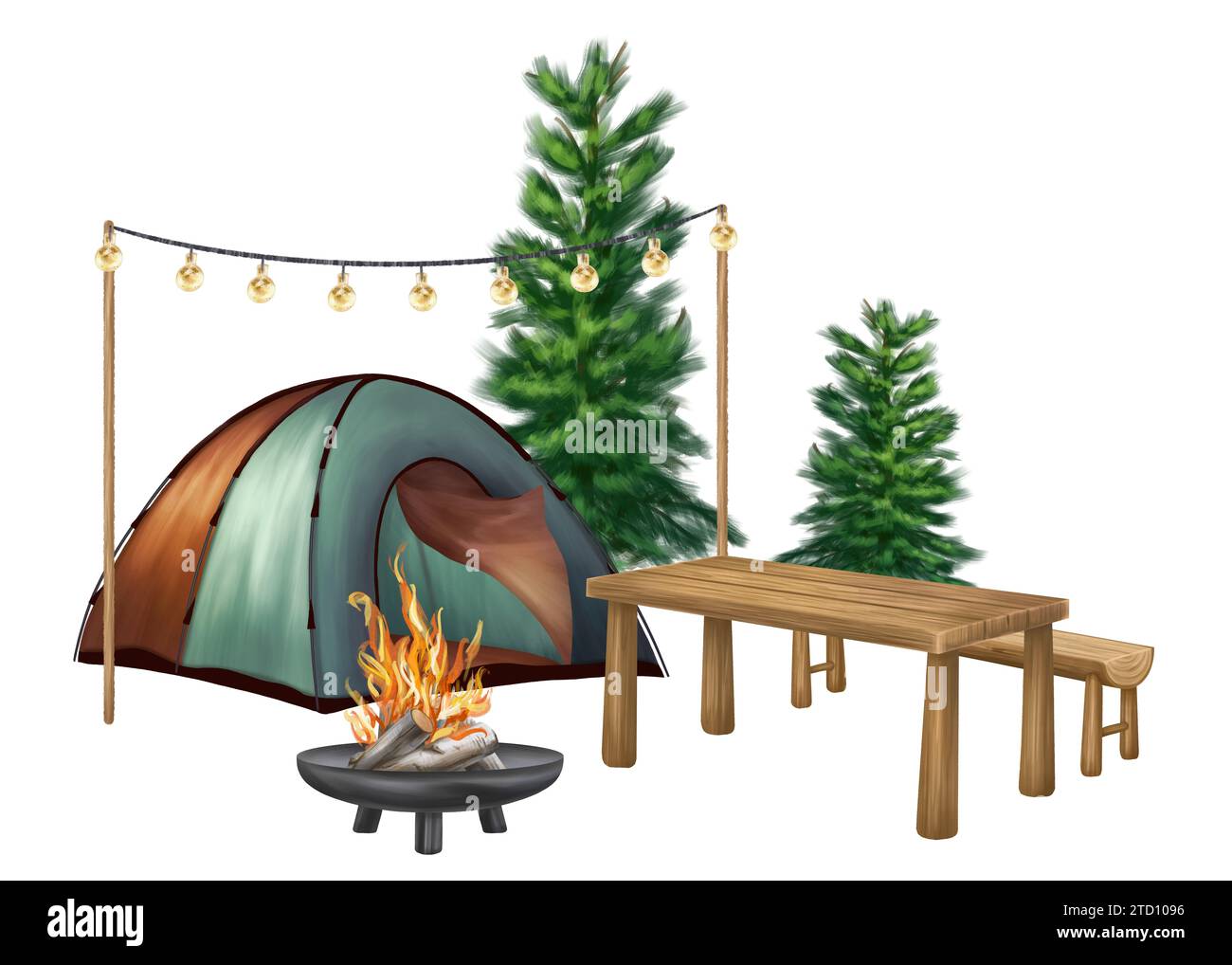 Ein Campingplatz mit einem hölzernen Picknicktisch und einem Lagerfeuer im Wald zwischen Tannen. Ein Ausflug in die Natur, Parks und Naturschutzgebiete. Gemütliche Meetings mit Stockfoto
