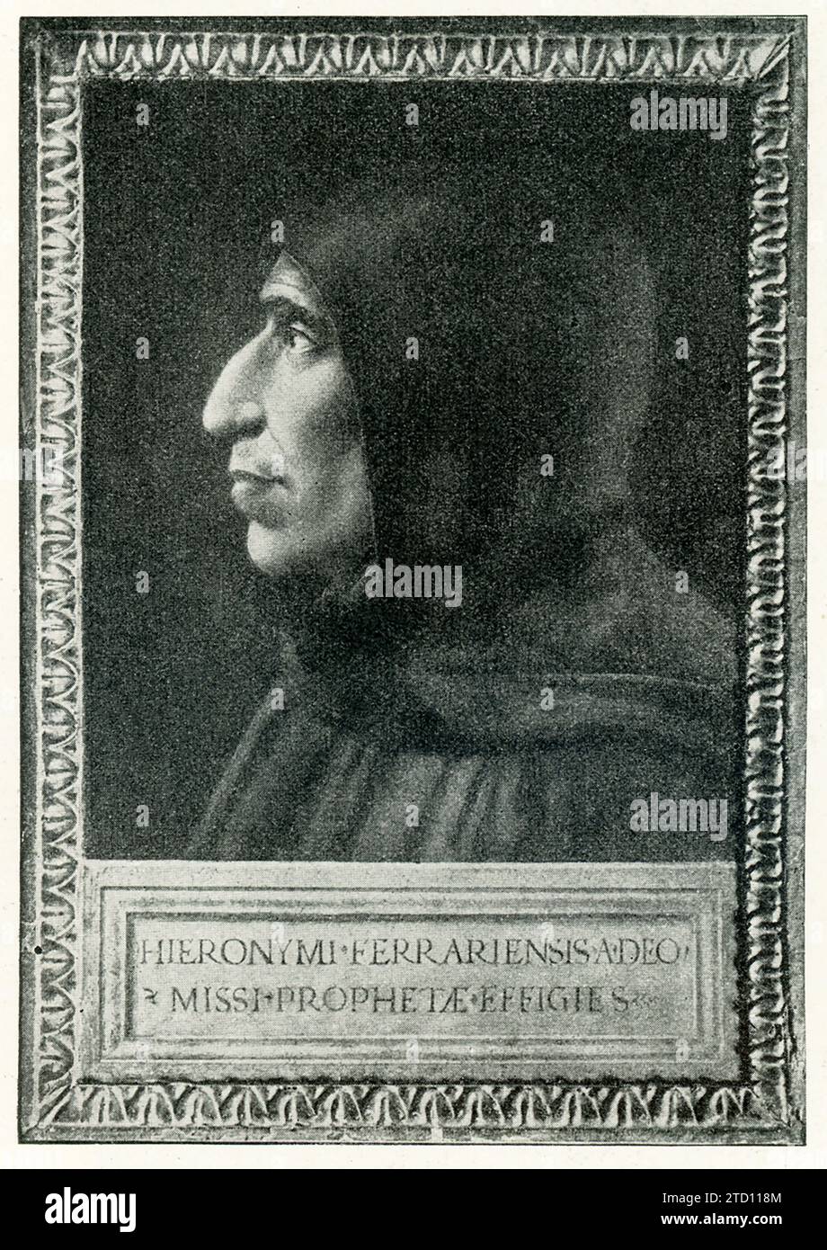 Dieses Porträt Savonarola wurde von Fra Bartolomeo erstellt. Girolamo Savonarola (1452–1498) war ein italienischer Dominikanerbruder aus Ferrara und Prediger in Florenz. Er wurde bekannt für seine Prophezeiungen von bürgerlichem Ruhm, seine Befürwortung der Zerstörung der weltlichen Kunst und Kultur und seine Forderungen nach christlicher Erneuerung. FRA Bartolomeo (1472–1517) war ein italienischer Renaissance-Maler religiöser Themen. Das Porträt befindet sich im Markuskloster in Florenz, Italien. Stockfoto