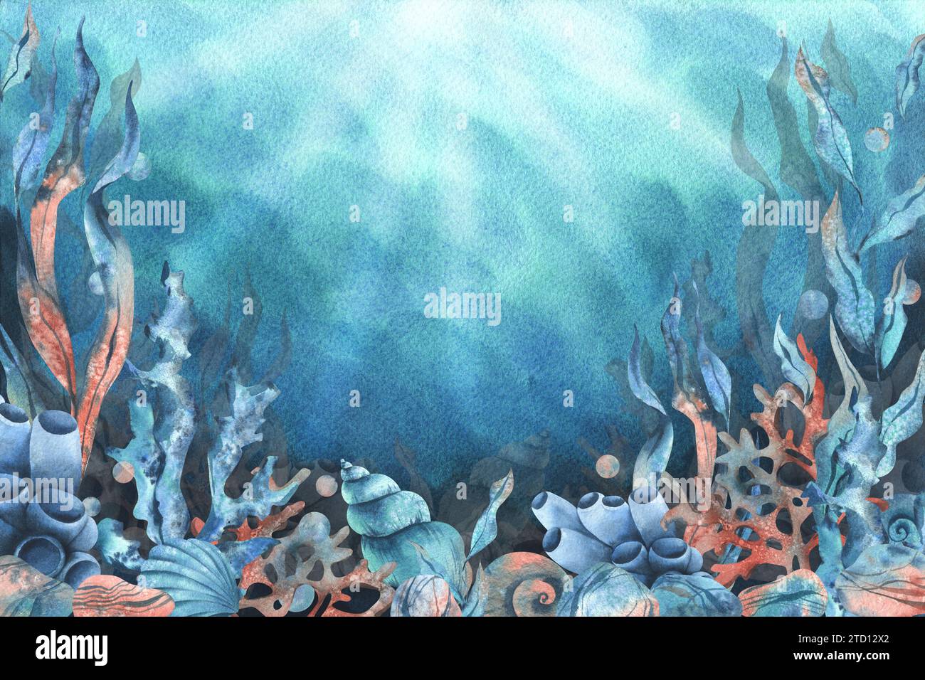 Unterwasserwelt Clipart mit Meerestieren Wal, Schildkröte, Kraken, Seestern, Seesternen, Muscheln, Korallen und Algen. Handgezeichnete Aquarellillustration. Einstellen Stockfoto