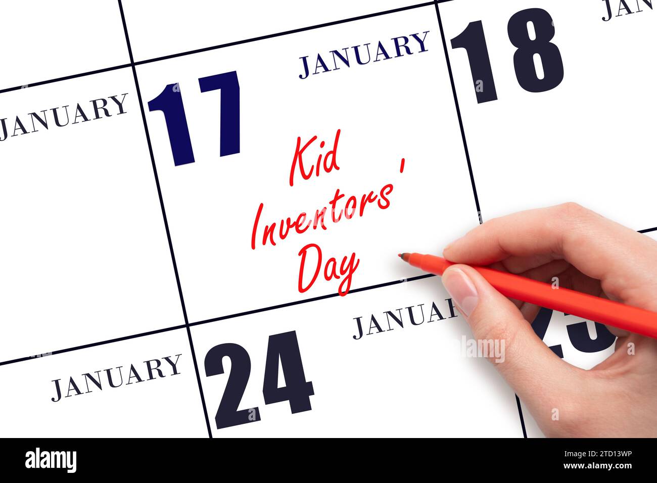 Januar: Handschrift Text Kid Erfinder' Day am Kalenderdatum. Speichern Sie das Datum. Urlaub. Tag des Jahres-Konzept. Stockfoto