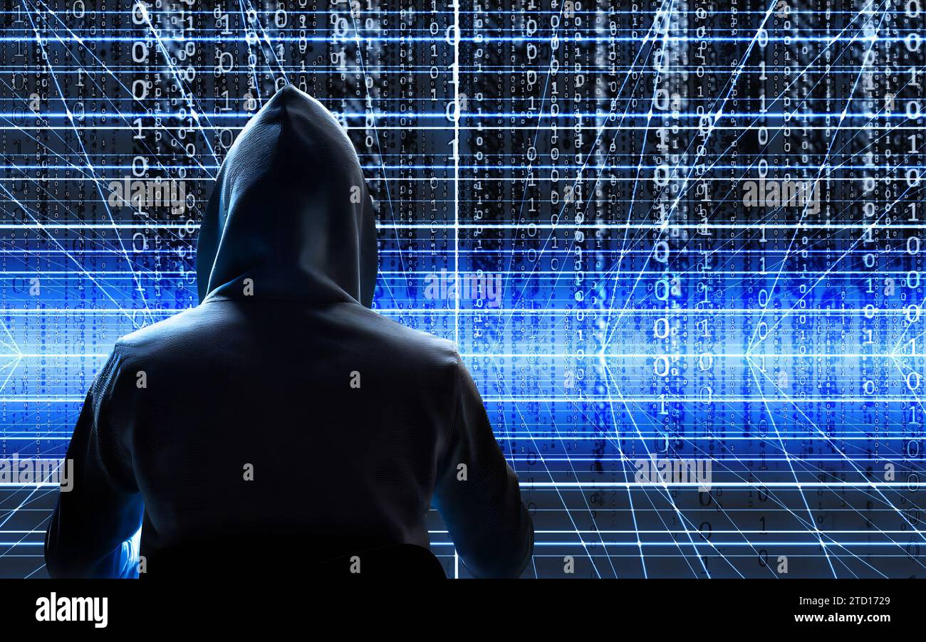 Hacker in Hood und Binärdaten, Cyberkriminalität, Ransomware, Datenmissbrauch und Phishing-Konzept Stockfoto