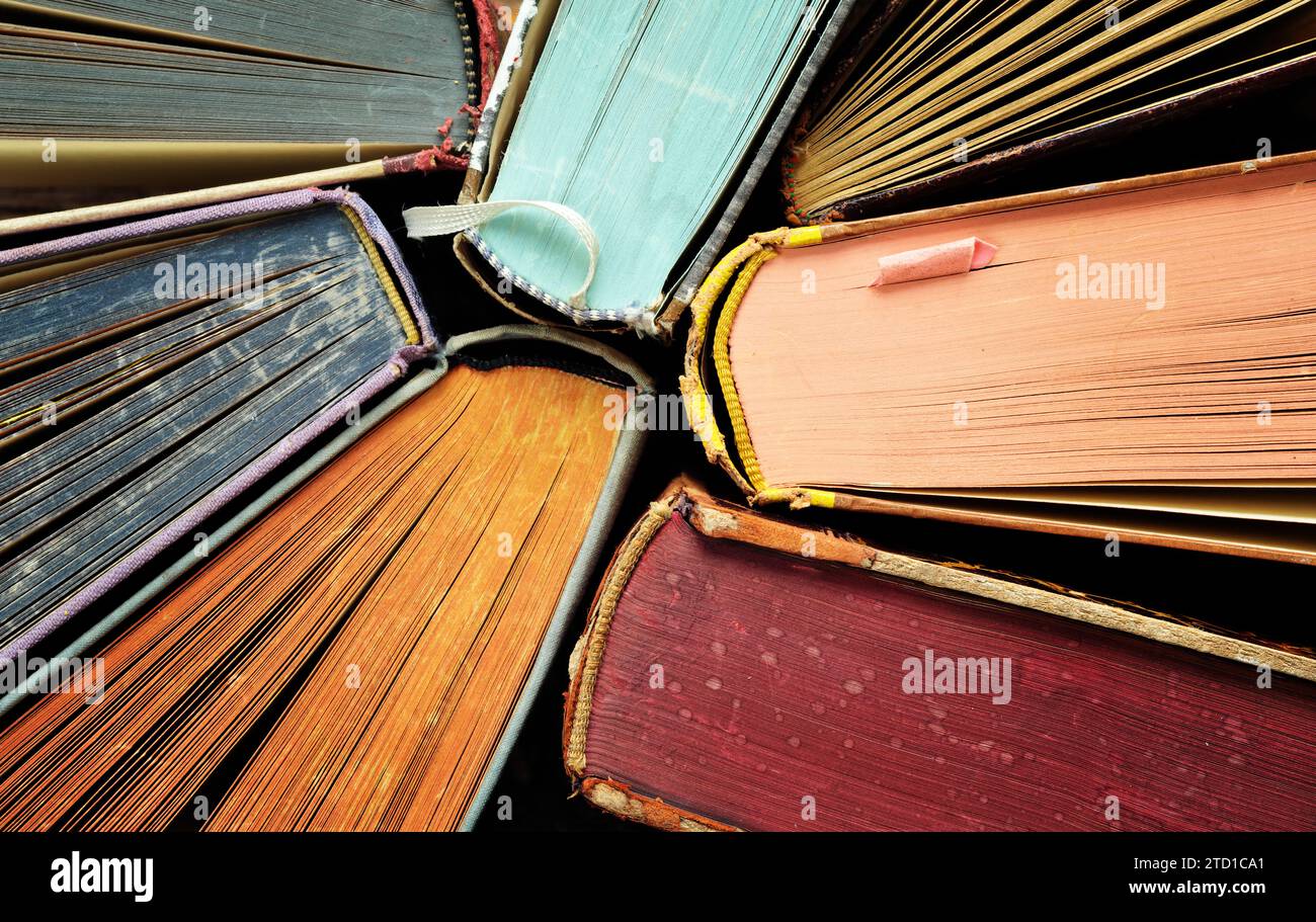 Bücheranordnung, flach auf Holztisch. Zurück zur Schule, Bildung, Lesen, Lernen, Home Office Konzept. Cloes Up Shot. Stockfoto