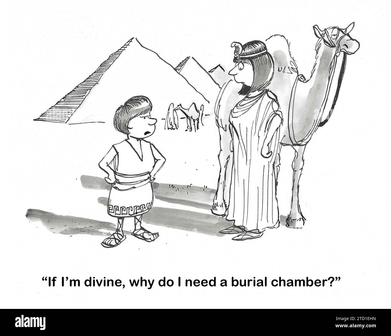 BW Cartoon eines Kindes, das seine Mutter zu allem befragt: "Wenn ich göttlich bin, warum brauche ich dann eine Grabkammer?" Stockfoto