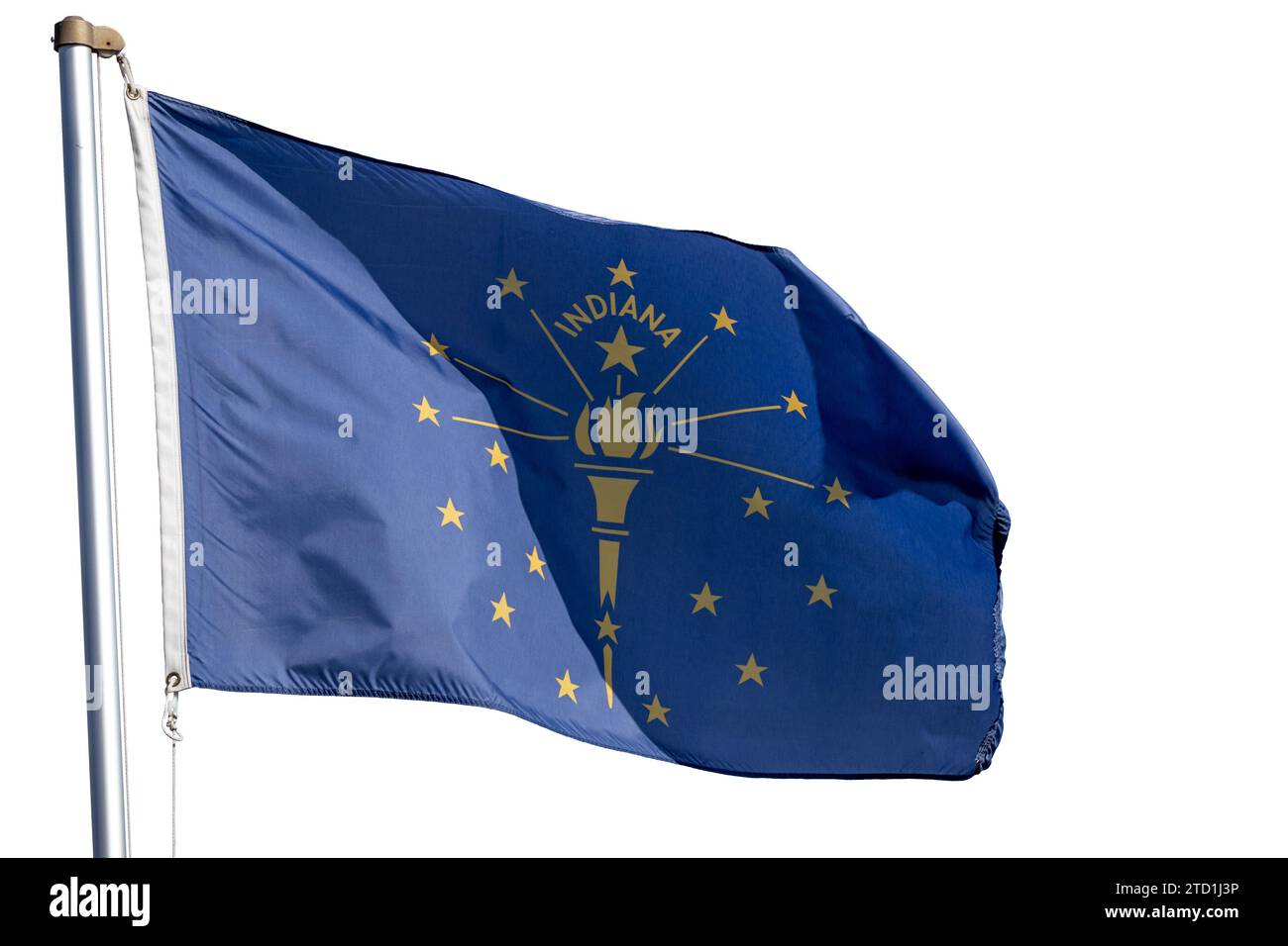 Indiana Staatsflagge auf Fahnenmast, Nahaufnahme, isolierter weißer Hintergrund Stockfoto