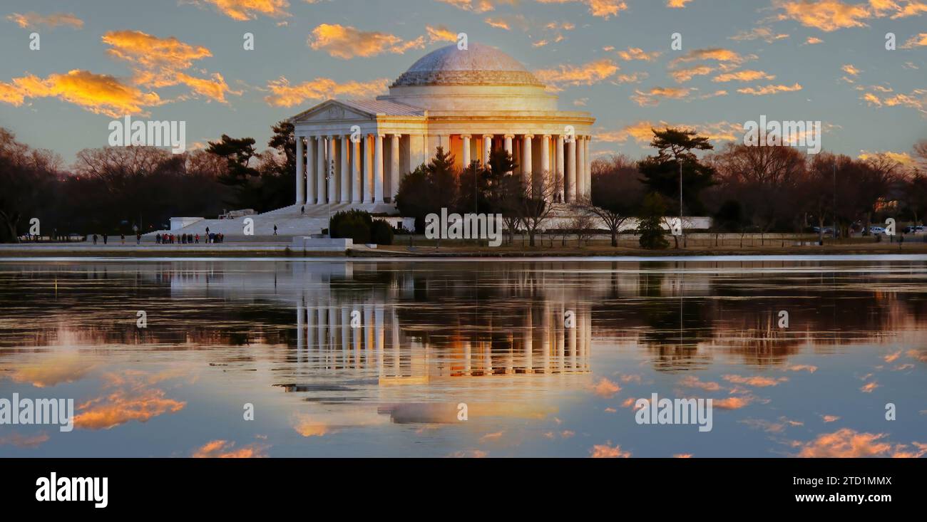 Sonnenuntergang über dem Thomas Jefferson Memorial in Washington D.C., USA. Stockfoto