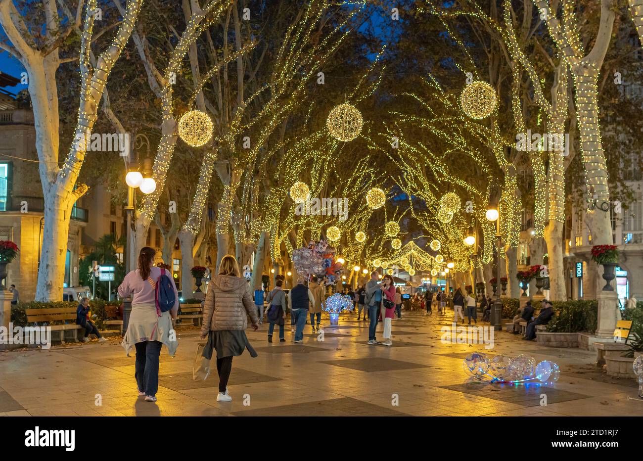 Palma de Mallorca, Spanien; 12. dezember 2023: Weihnachtsbeleuchtung der Straßen der mallorquinischen Stadt Palma de Mallorca bei Nacht. Spanien Stockfoto