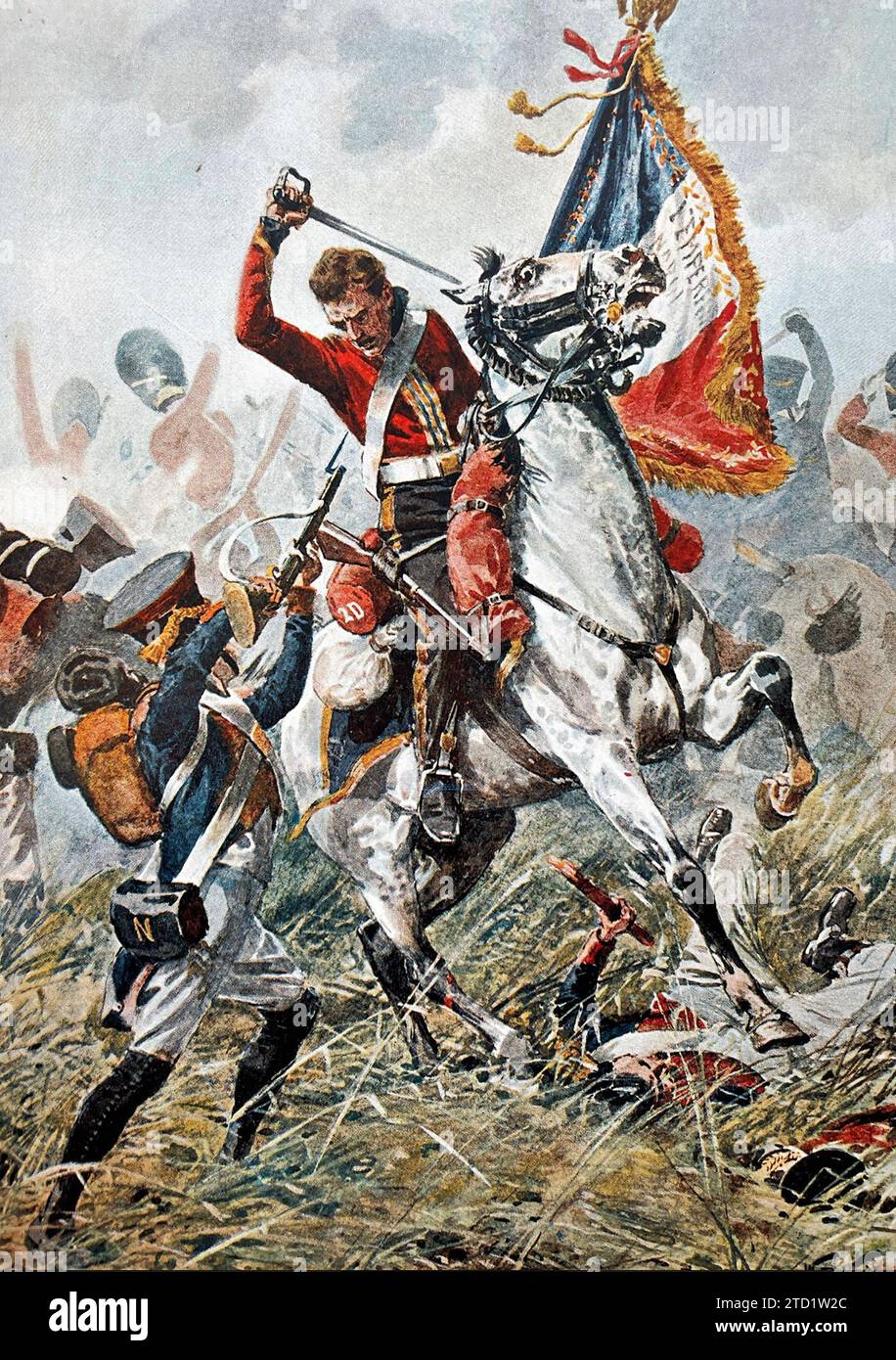 SCHLACHT VON WATERLOO AM 18. JUNI 1815. Fähnrich Charles Ewart (1769–1846), ein schottischer Soldat der Royal North British Dragons, der die Adlerflagge des 45. Französischen Regiments der Linie eroberte. Stockfoto