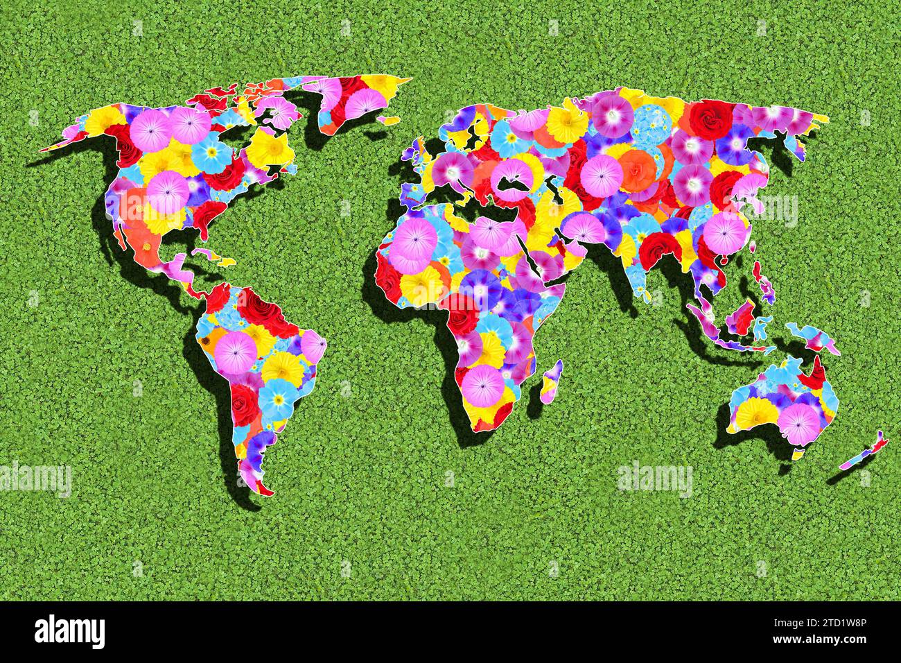 Umriss der Welt, alle Kontinente, mit bunten Blumen auf einer grünen Wiese, Grafik Stockfoto