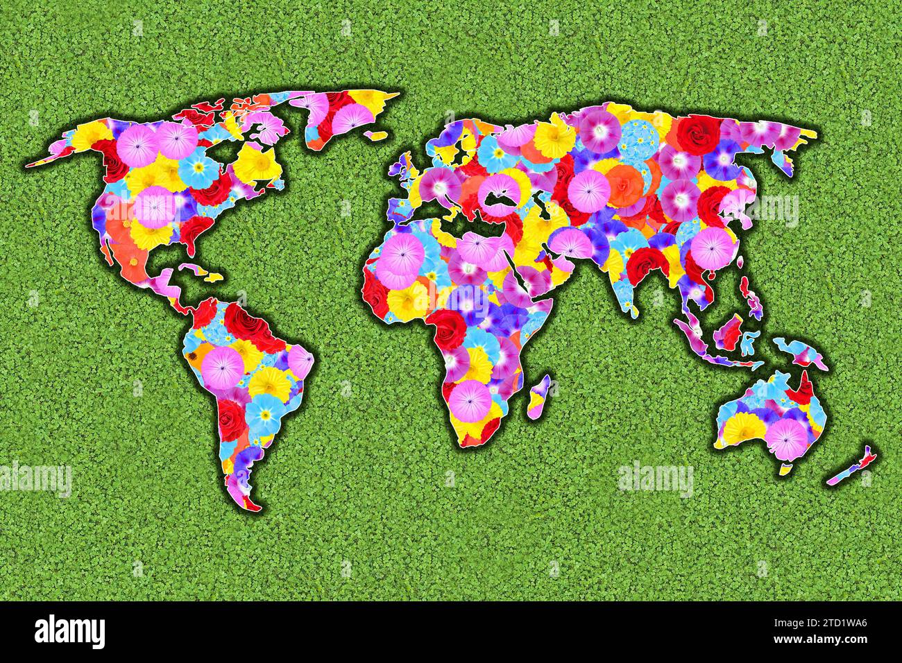 Umriss der Welt, alle Kontinente, mit bunten Blumen auf einer grünen Wiese, Grafik Stockfoto