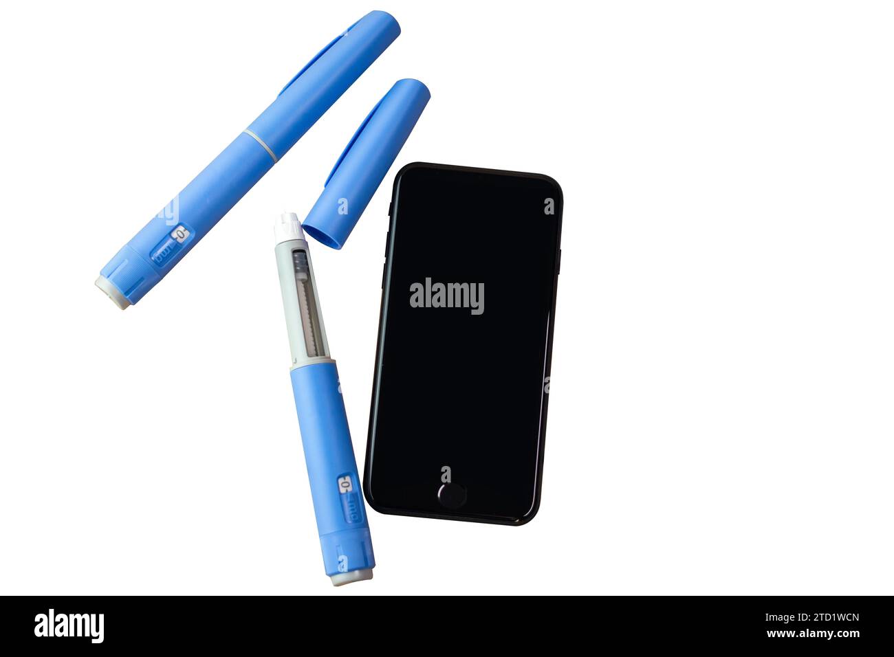 Handy mit Semaglutid Stiften, isoliert auf weiß. Tele-Medizin-Konzept Stockfoto