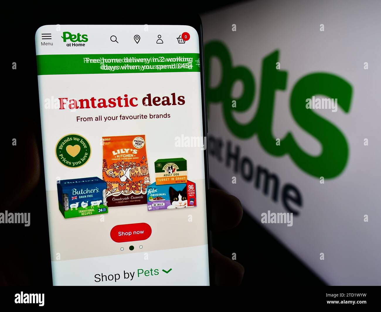 Person, die ein Mobiltelefon hält und die Webseite des britischen Einzelhandelsunternehmens Pets at Home Group vor dem Logo zeigt. Konzentrieren Sie sich auf die Mitte des Telefondisplays. Stockfoto