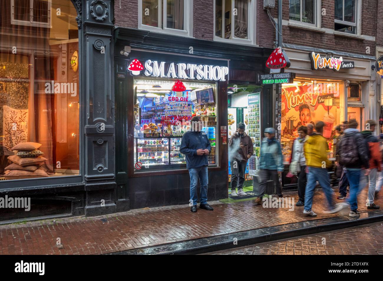 Smartshop in Oude Hoogstraat, Amsterdam. Smartshops verkaufen natürliche Psychedelika, Zaubertrüffel, Vitamine, Unkrautsamen usw. Stockfoto