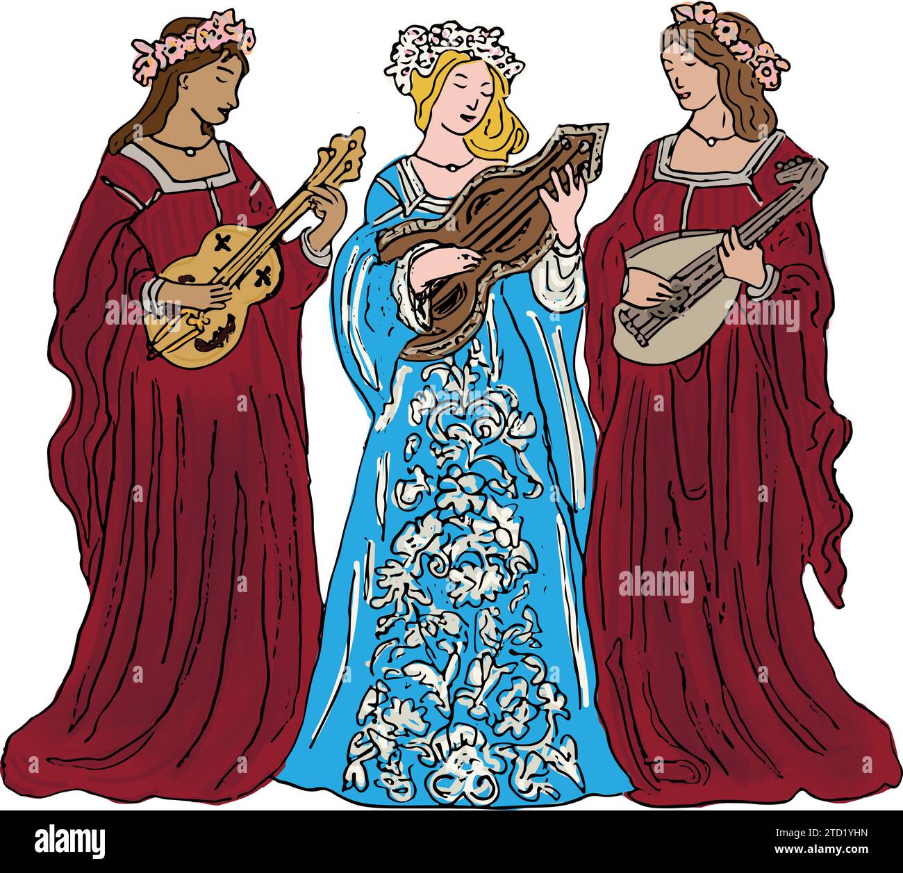 Illustration von drei mittelalterlichen Spielerinnen, die Saiteninstrumente spielen, roten und blauen Kleidern, Blumen im Haar Stock Vektor