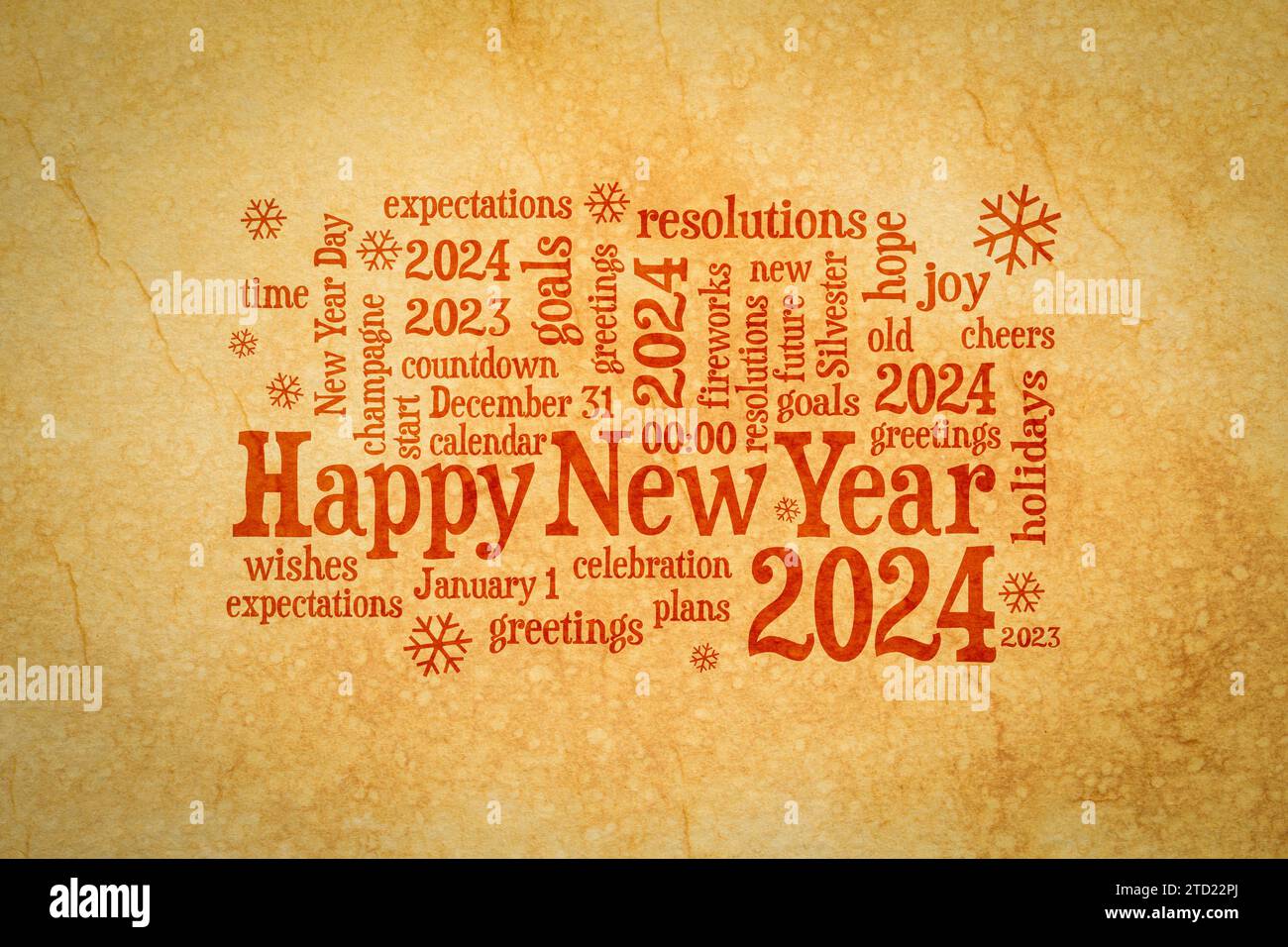 Happy New Year 2024 Grußkarte - Wortwolke auf handgeschöpftem Retro-Papier Stockfoto