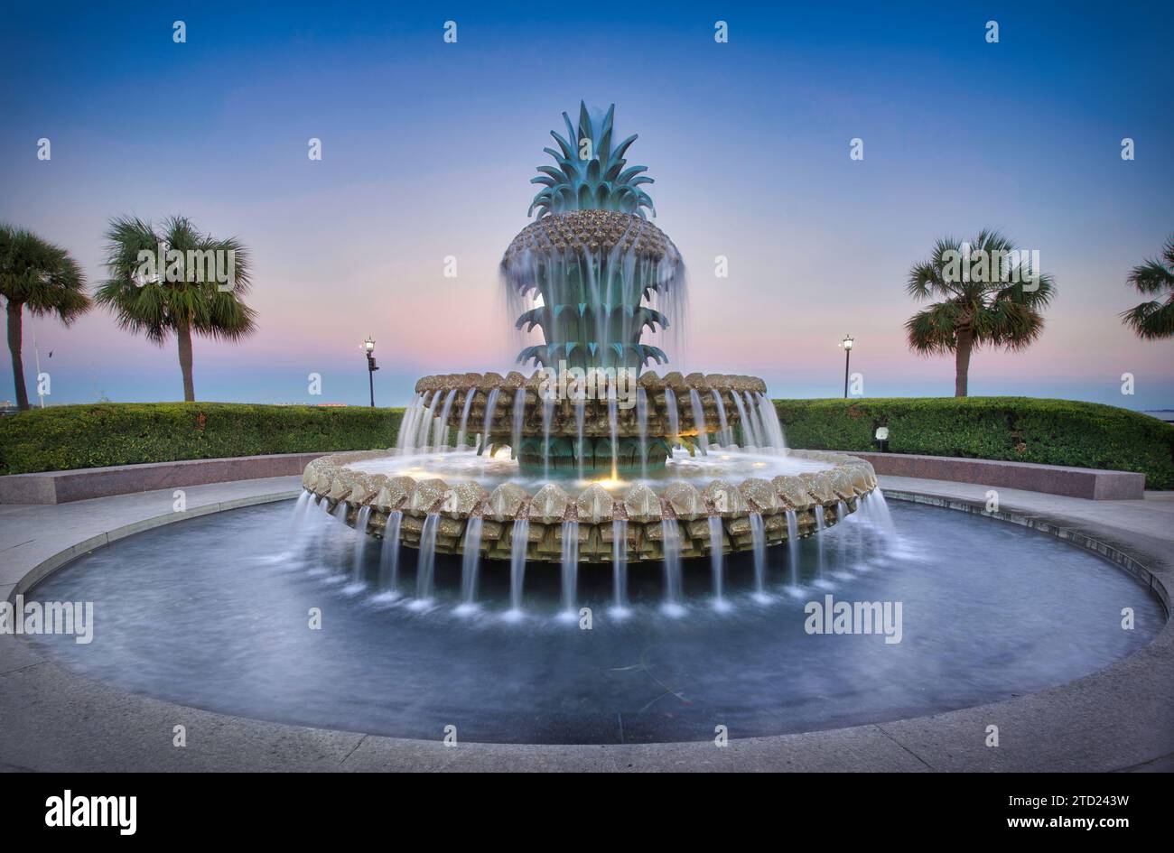 Foto des Ananasbrunnens in Charleston zur Blue Hour Time. Stockfoto