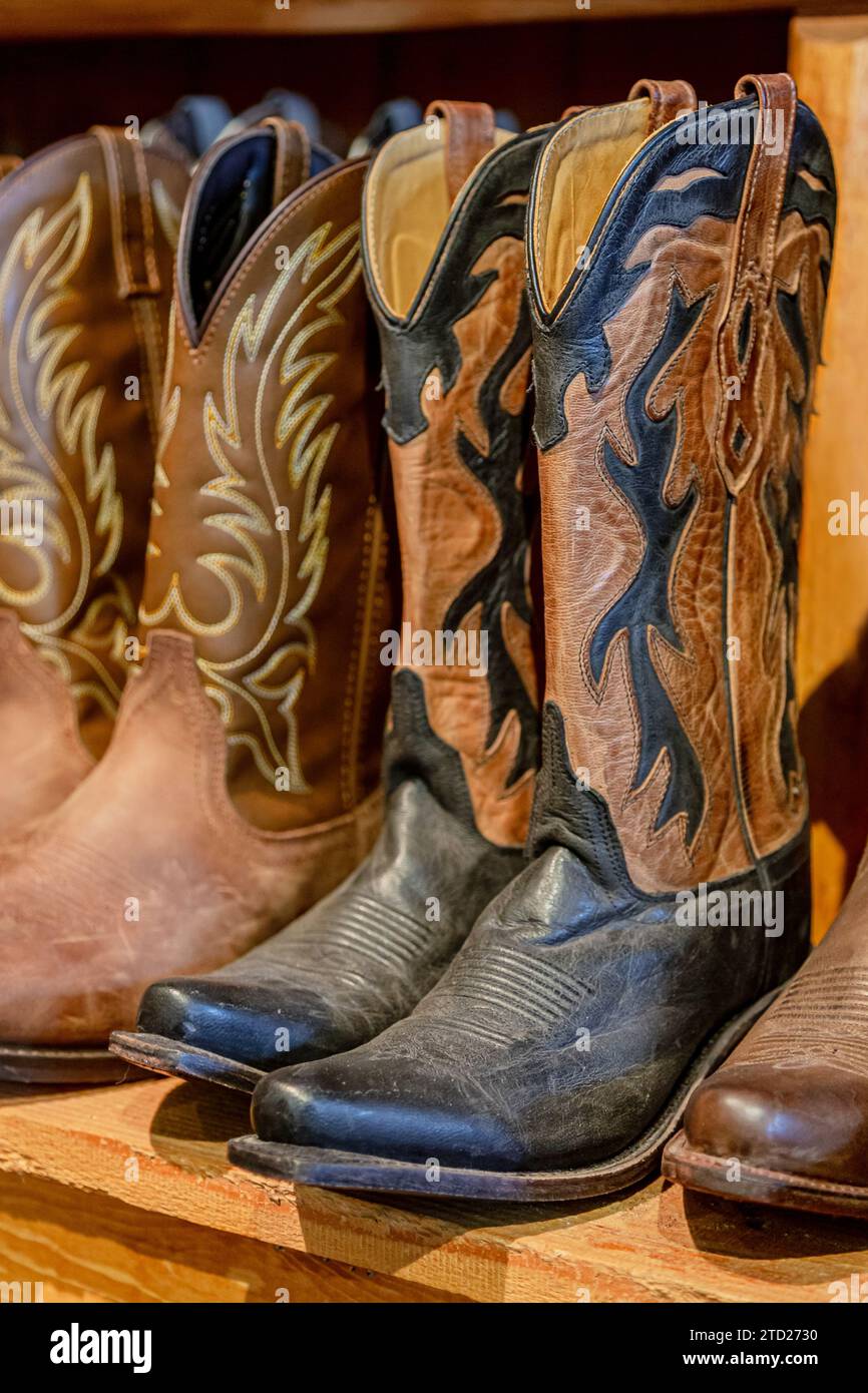 Cowboystiefel-Set. Traditionelle Cowboy-Stiefel aus amerikanischem Leder, westlicher Stil, Rodeo-Markt und Reitausrüstung. Stiefel im amerikanischen Stil aus Strauß-, Krokodil- und Büffelleder. Stockfoto