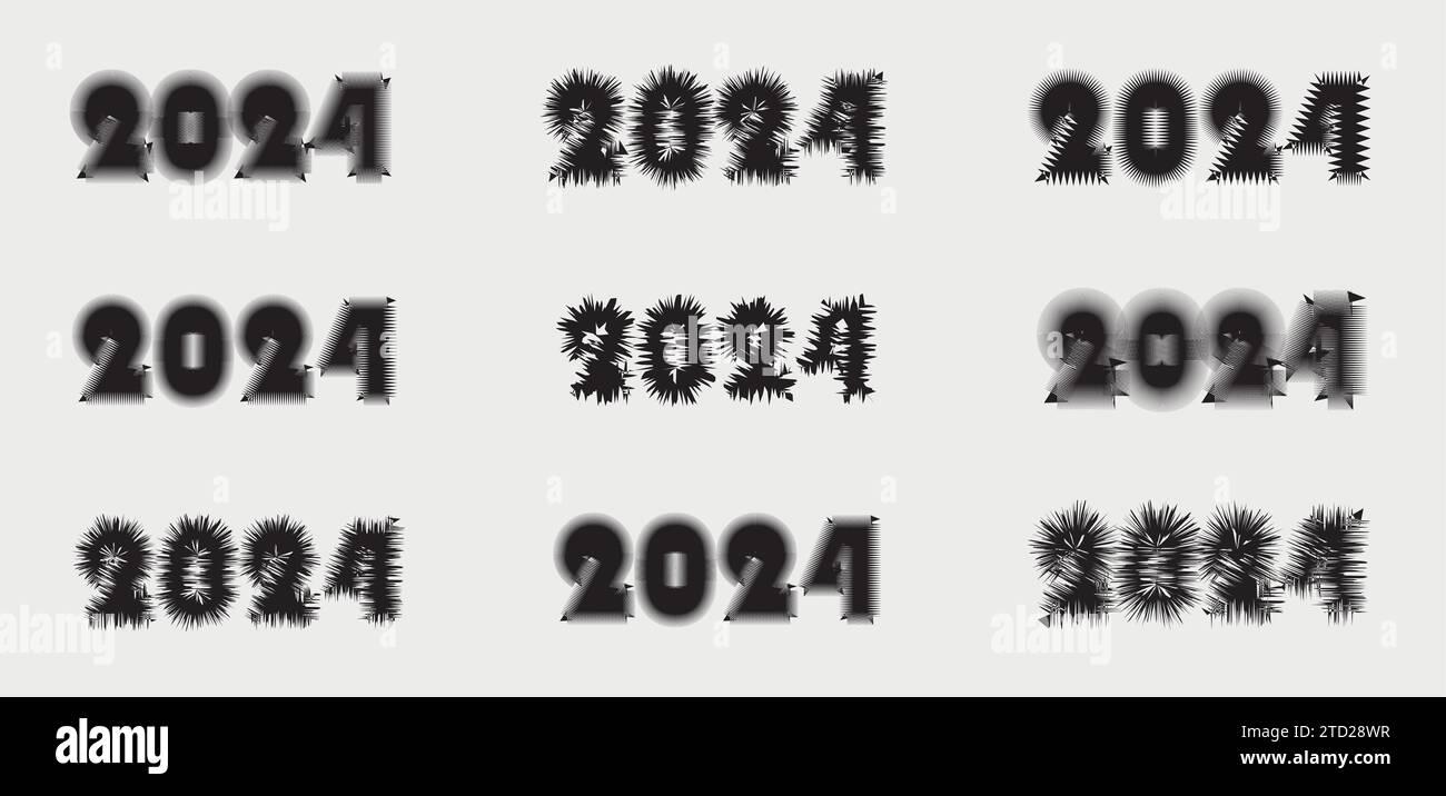 Große Auswahl an Designvorlagen mit 2024 Nummern. Weihnachtskollektion von 2024. Frohes Neues Jahr. Logodesigns mit schwarzen Etiketten. Stock Vektor
