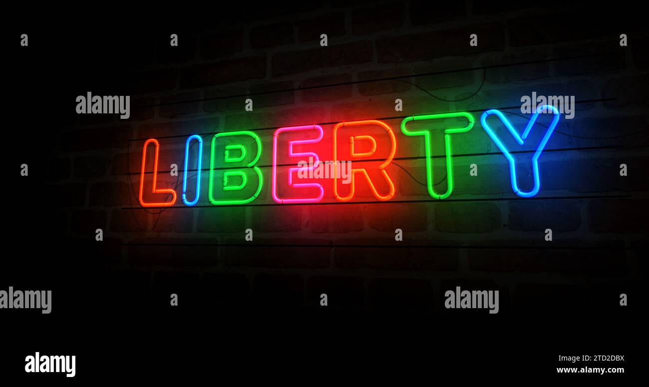 Neonsymbol Freiheit. Farblampen für Freiheit und Erfolg. Abstraktes Konzept 3D-Illustration. Stockfoto