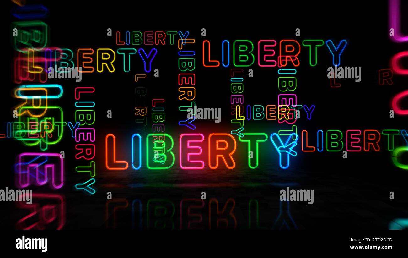 Neonsymbol Freiheit. Farblampen für Freiheit und Erfolg. Abstraktes Konzept 3D-Illustration. Stockfoto