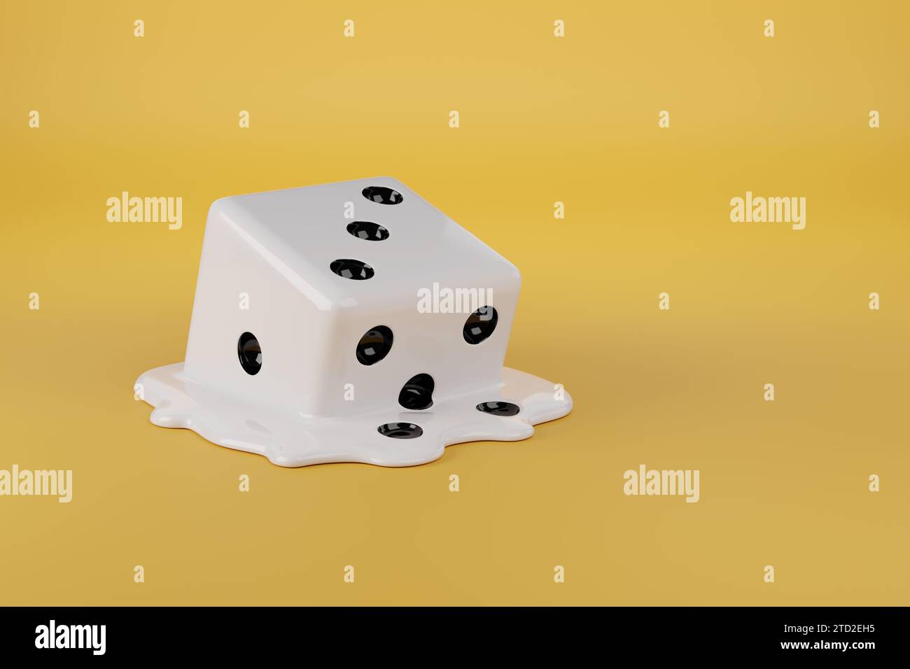 Geschmolzene weiße Würfel auf gelbem Hintergrund. 3D-Abbildung. Stockfoto
