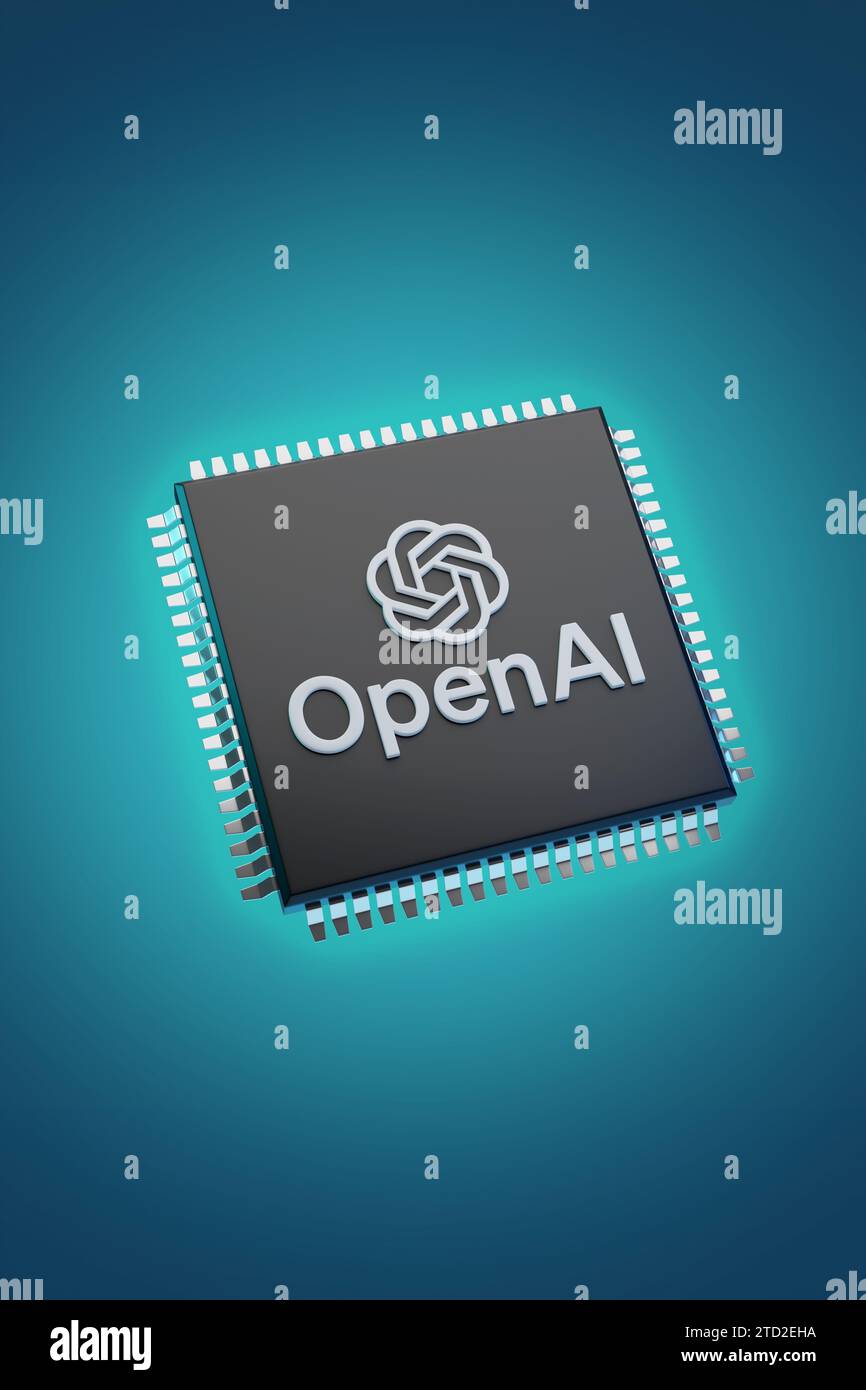 Buenos Aires, Argentinien; 15. Dezember 2023: Mikroprozessor mit OpenAI-Logo isoliert auf blauem Hintergrund. Stockfoto