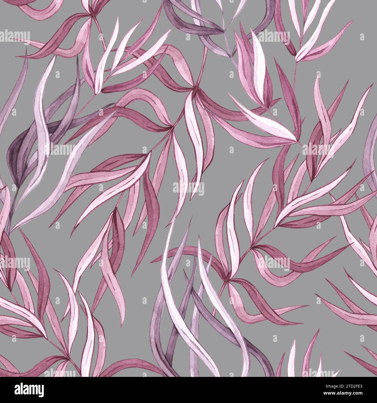 Blumenmuster in Wasserfarben. Rosa Eukalyptuszweige auf grauem Hintergrund für Textildesign, Stoffe, Tapeten Stockfoto