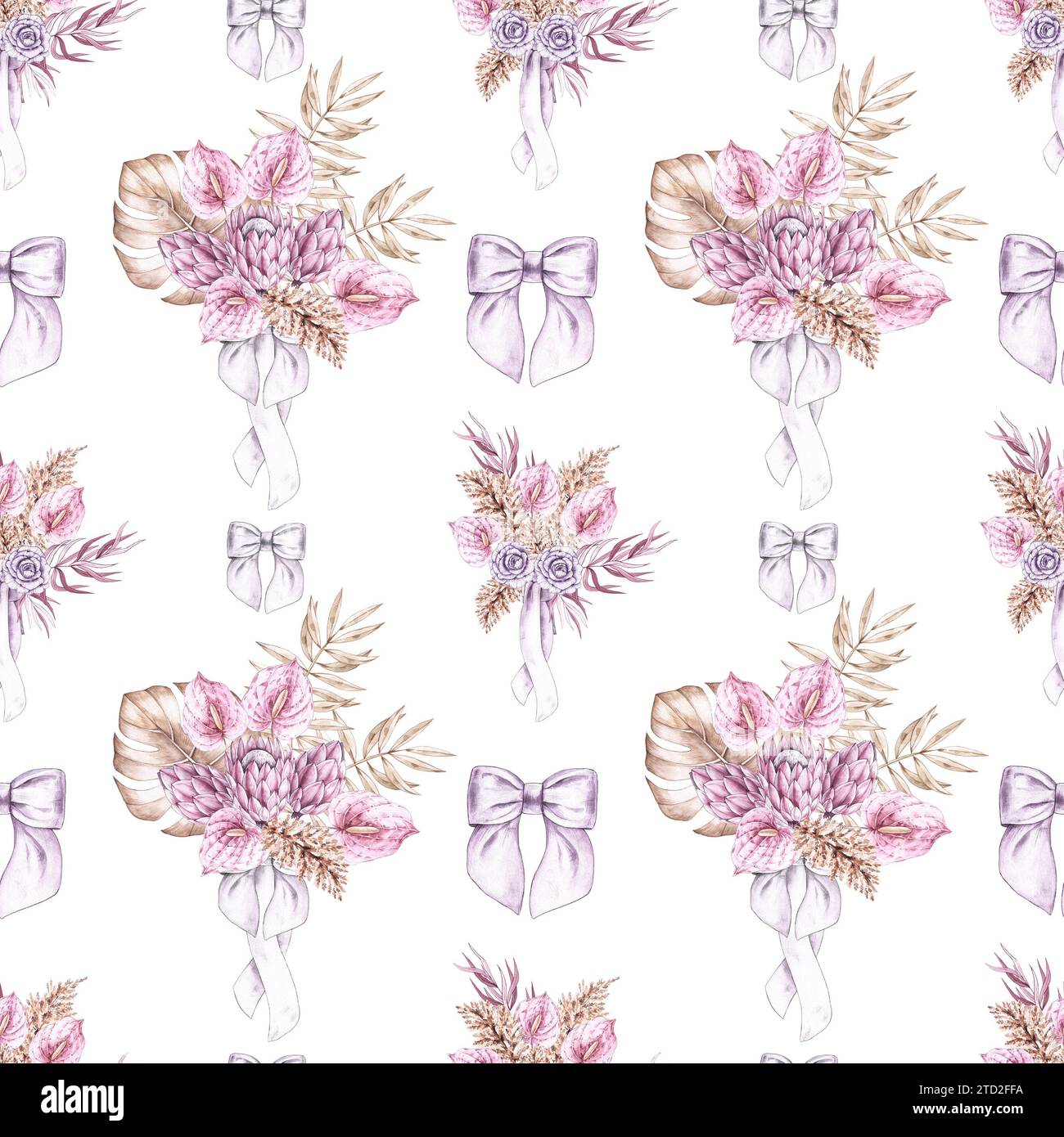 Hochzeitsmuster mit Brautsträußen auf weißem Hintergrund. Aquarell Hochzeitsmuster im Boho-Stil für Textildesign, Druck, Geschenke usw. Stockfoto