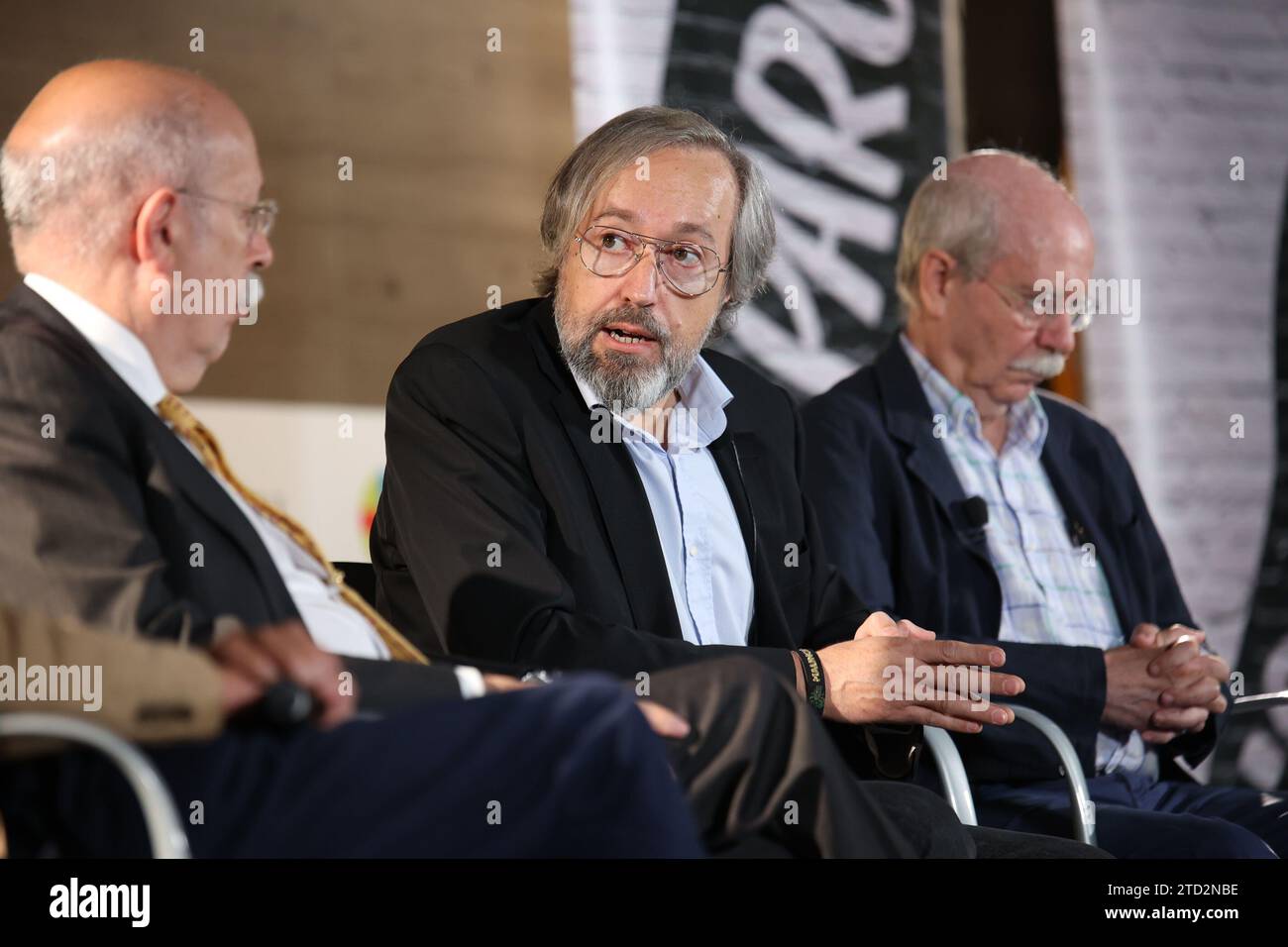 Madrid, 16.05.2023. Runder Tisch "die historische Verleugnung der PSOE" unter Beteiligung von Tamón Tamames, Luis Togores, José Manuel Ezpeleta, Juan Carlos Girauta, Javier García Isac und Pío Moa an der CEU San Pablo Universität. Foto: Tania Sieira. ARCHDC. Quelle: Album / Archivo ABC / Tania Sieira Stockfoto