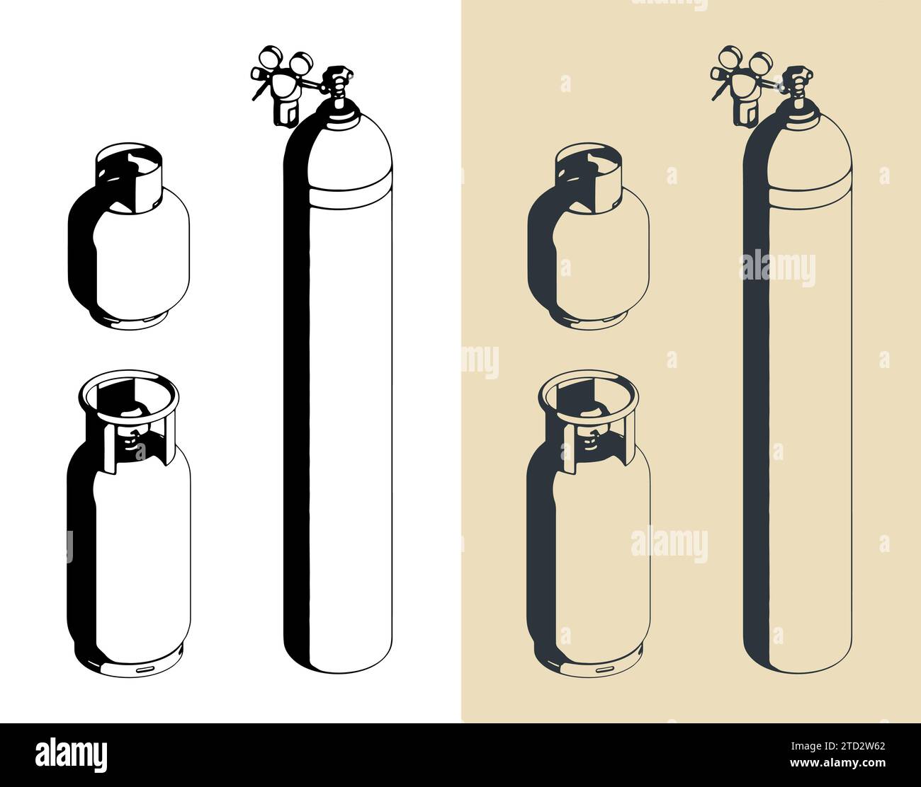 Stilisierte Vektordarstellung eines Satzes von Gasflaschen verschiedener Typen Stock Vektor
