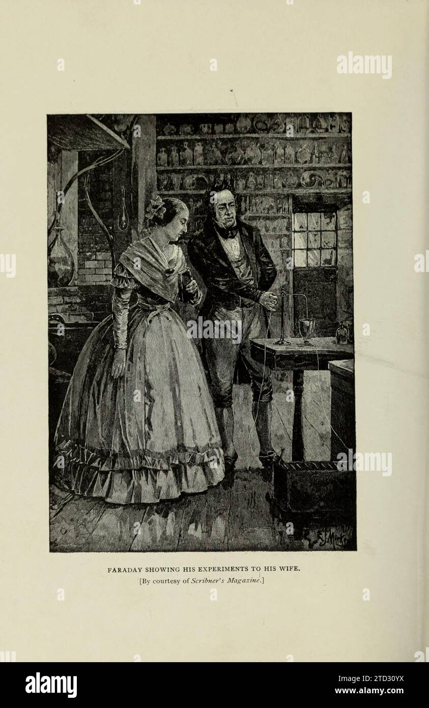 Illustration von Faraday, der seiner Frau seine Experimente zeigt. Aus „Beginnings and Future of the Arc Lamp“ von S M Hamill, aus dem Engineering Magazine, Band VII, 1894. Stockfoto