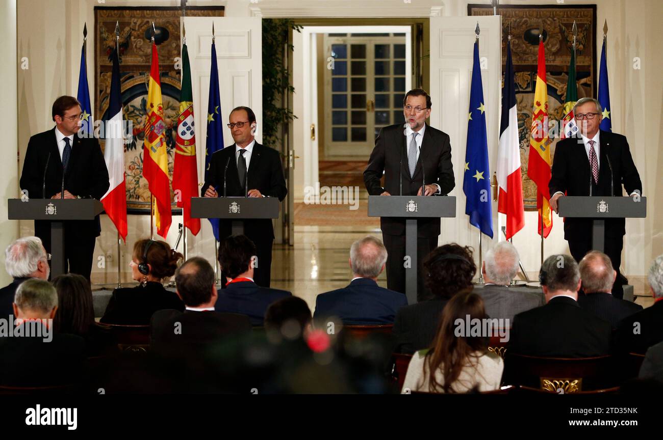 Madrid, 03.04.2015. Auf dem Energiegipfel in La Moncloa empfängt Mariano Rajoy den französischen Premierminister Francois Hollande, den portugiesischen Ministerpräsidenten Pedro Passos Coelho und den Präsidenten der Europäischen Kommission Jean Claude Juncker. Foto: Oscar del Pozo. ARCHDC. Quelle: Album / Archivo ABC / Oscar del Pozo Stockfoto