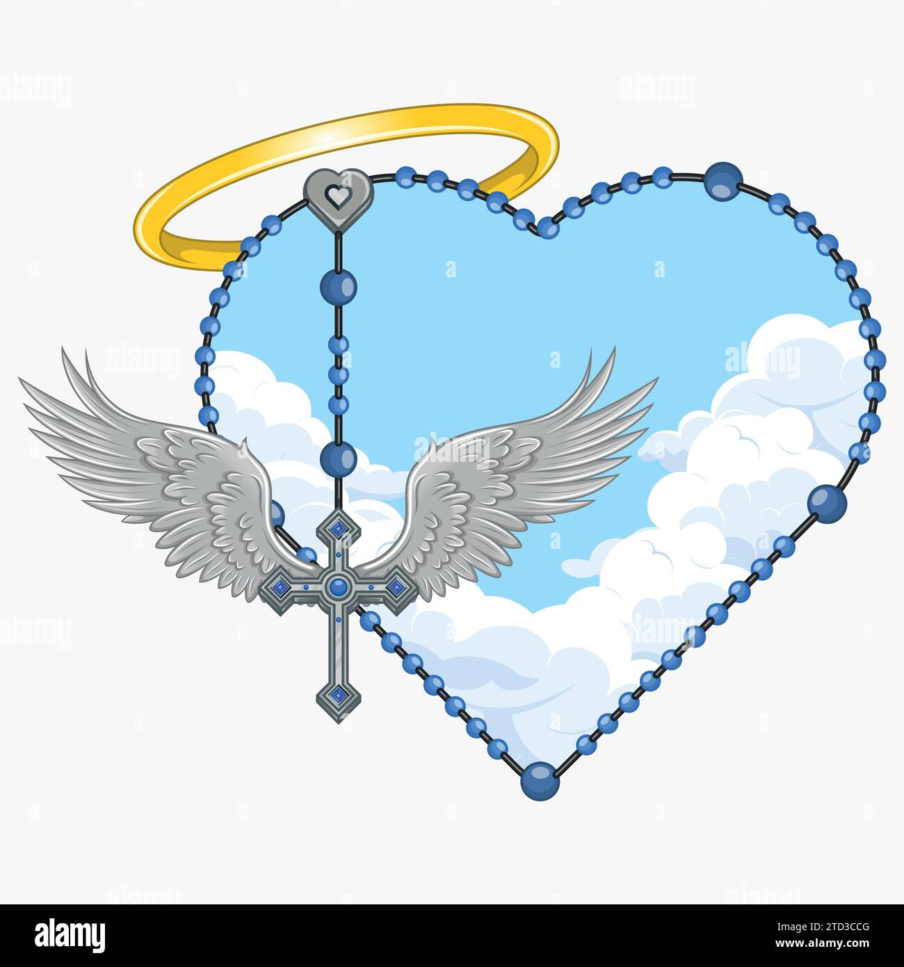 Vektordesign des geflügelten Kreuzes mit herzförmigem Rosenkranz, herzförmigem Rosenkranz mit Flügeln, Symbologie der katholischen Religion Stock Vektor