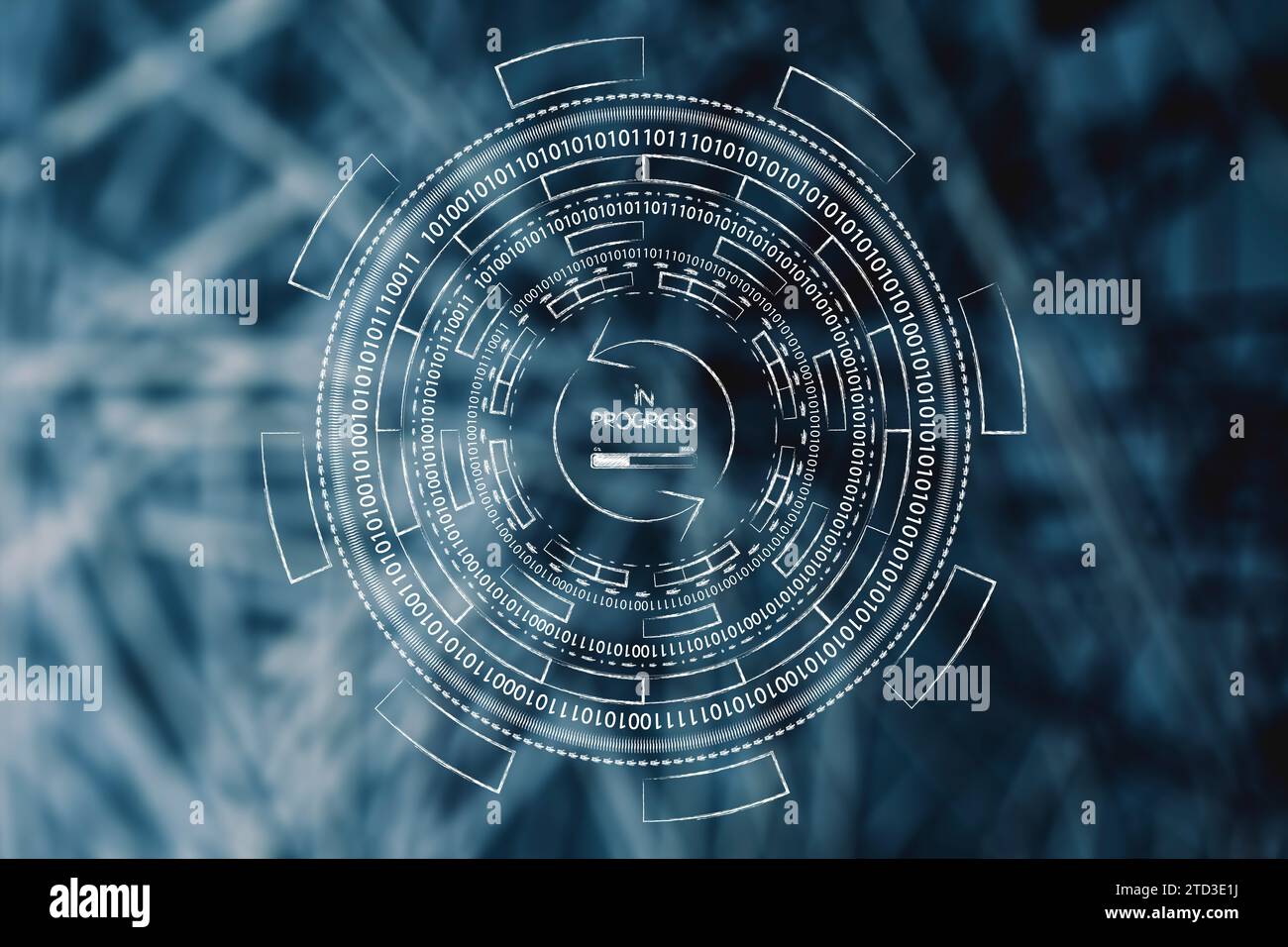Künstliche Intelligenz und Deep Learning konzeptuelles Bild, in Progress Symbol umgeben von abstrakter Technologie oder Cyberspace Mechanismus Stockfoto