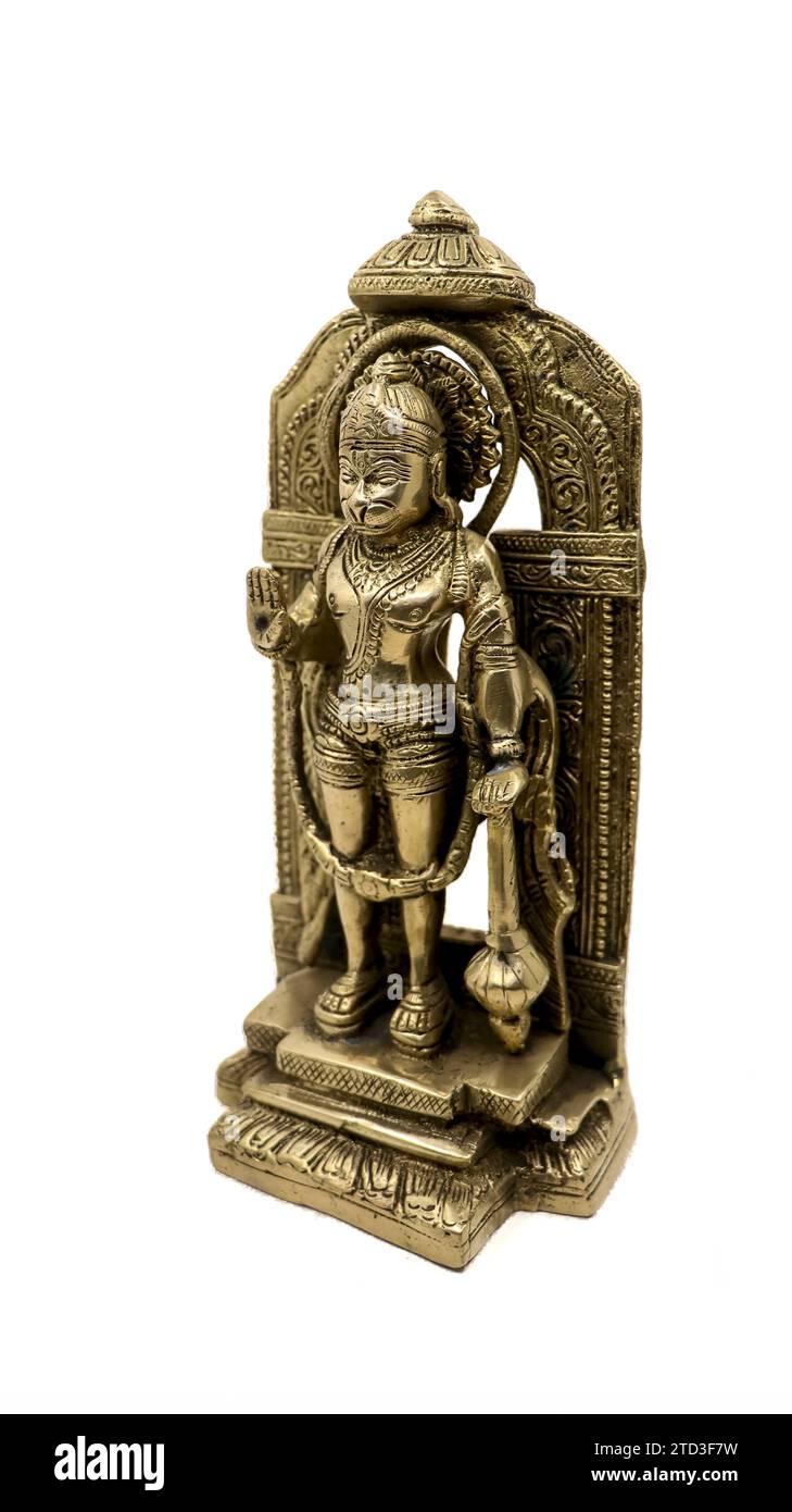 Antikes goldenes Messingidol des Affengottes, Lord hanuman Segen isoliert auf weißem Hintergrund Stockfoto Antikes goldenes Messingidol des Affengottes, Lord hanuman Segen isoliert auf weißem Hintergrund Stockfoto