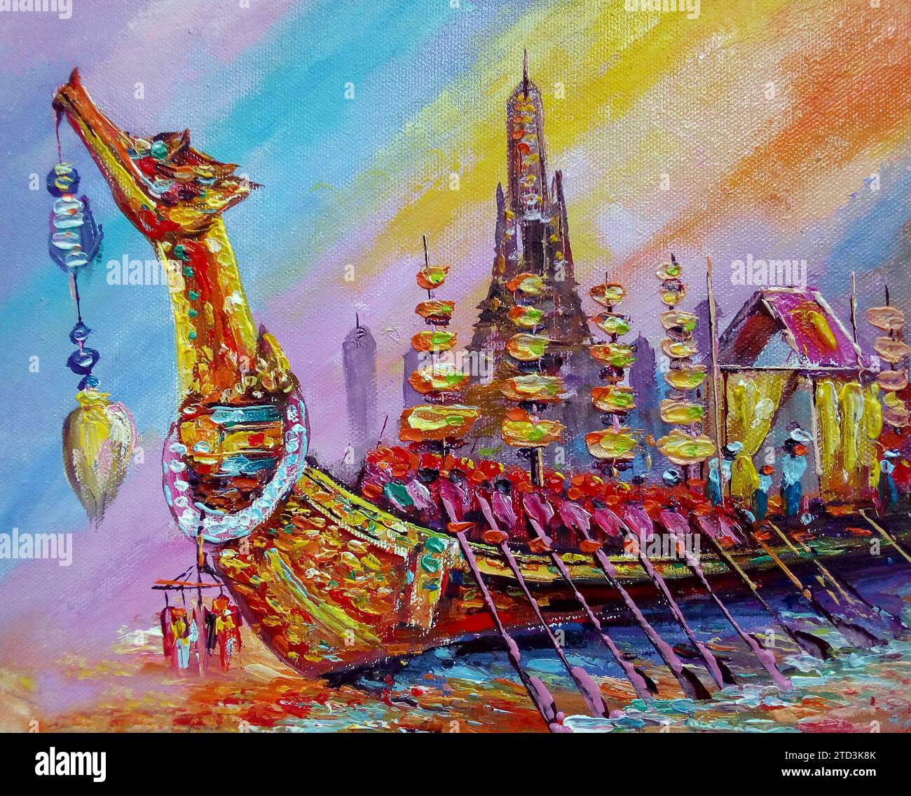 Original Kunstgemälde Ölfarbe Royal Barge Thailand Stockfoto