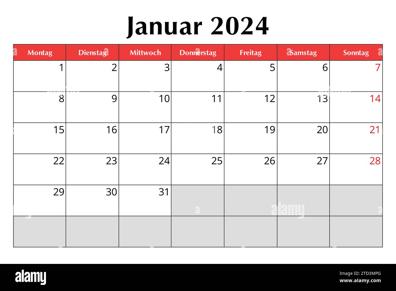 Januar 2024 DEUTSCHER Kalender. Bearbeitbare Vektor-Illustration. Monatliche Planung für Ihr Unternehmen in Deutschland Stock Vektor