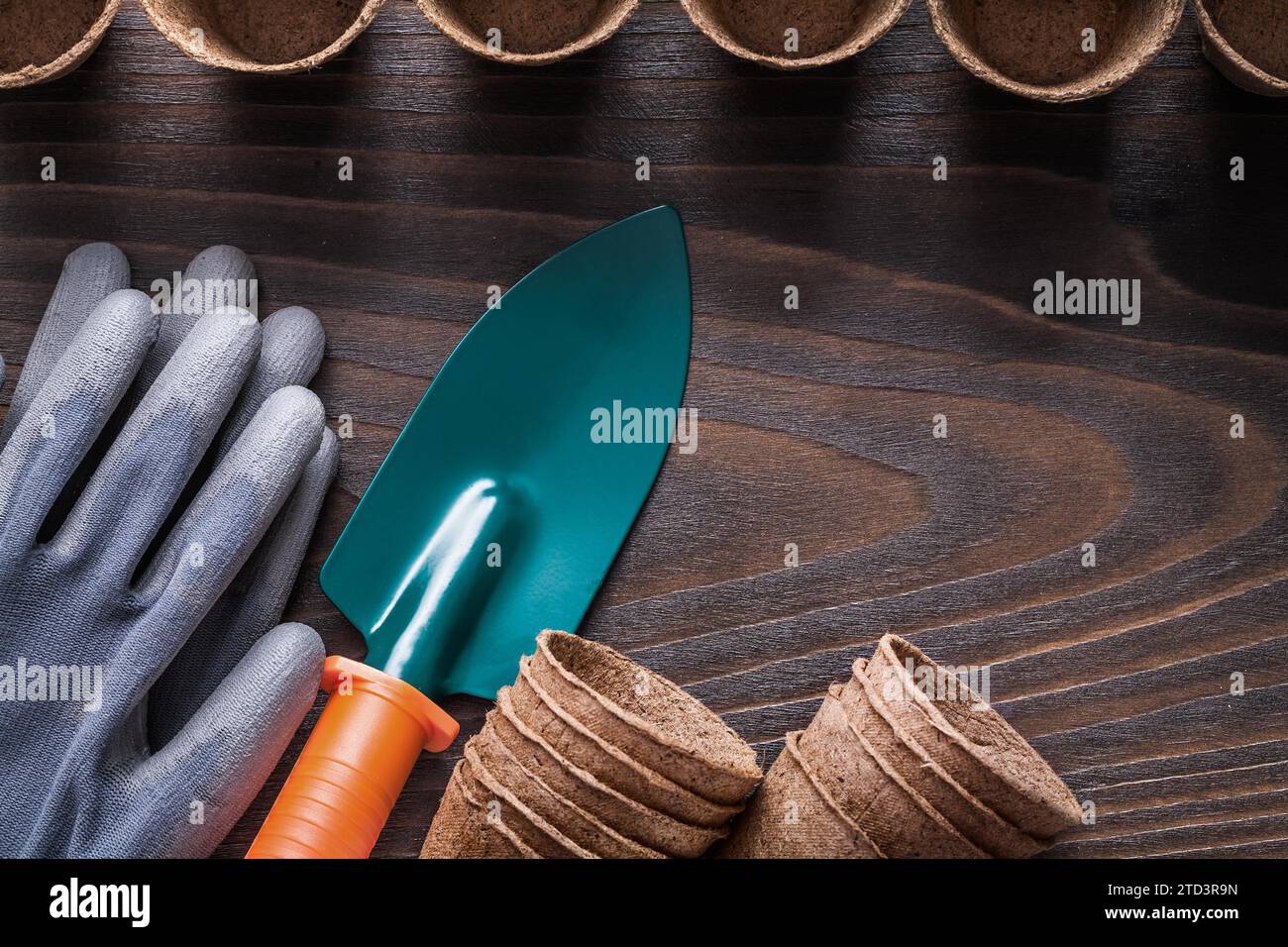 Großes Set an landwirtschaftlichen Geräten nach Vintage Holzbrett Gartenkonzept Stockfoto