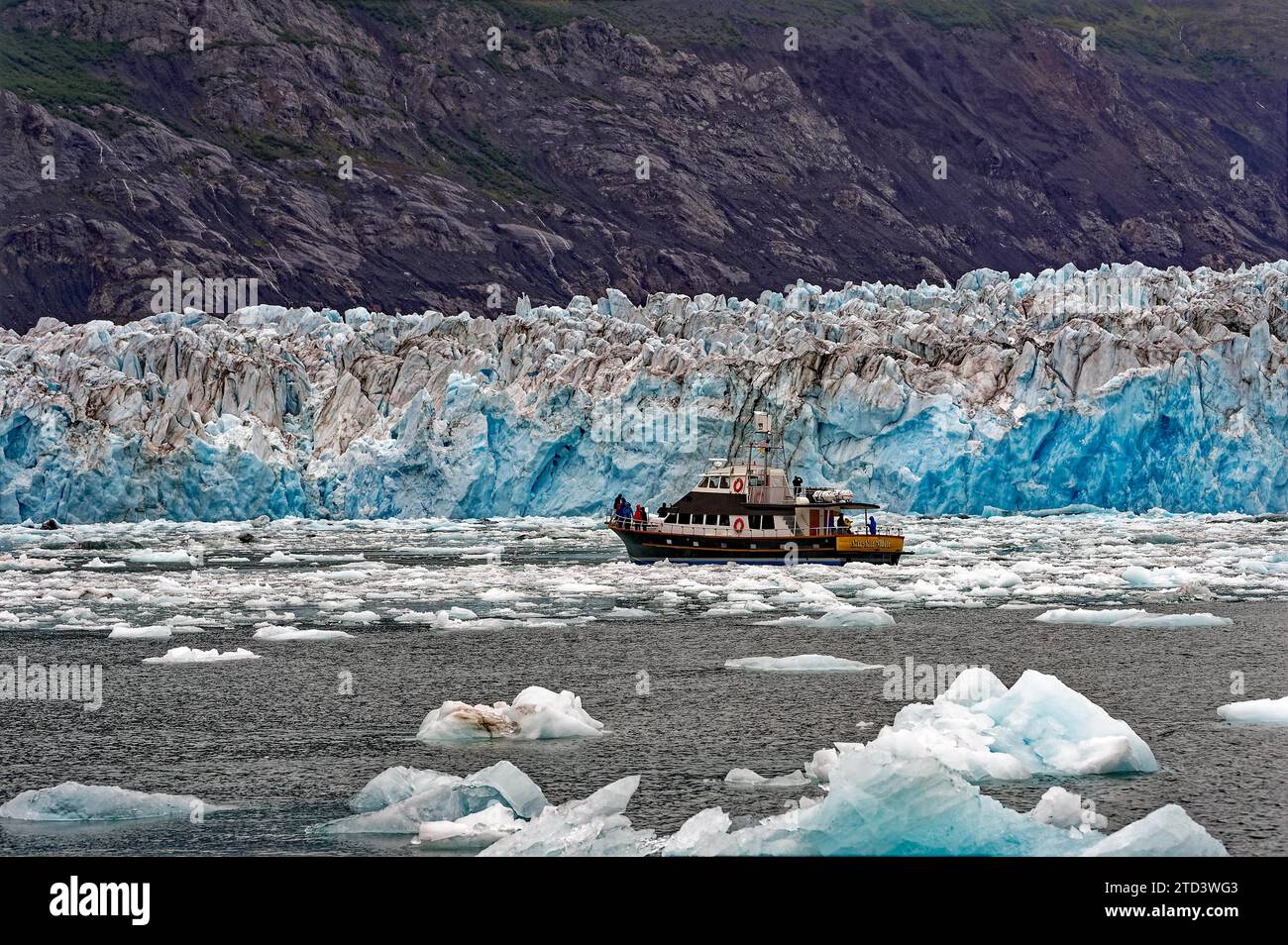 Ausflugsboot vor dem Columbia Gletscher, Chugach Mountains im Hintergrund, Prince William Sound, Valdez, South Alaska, Alaska, USA Stockfoto