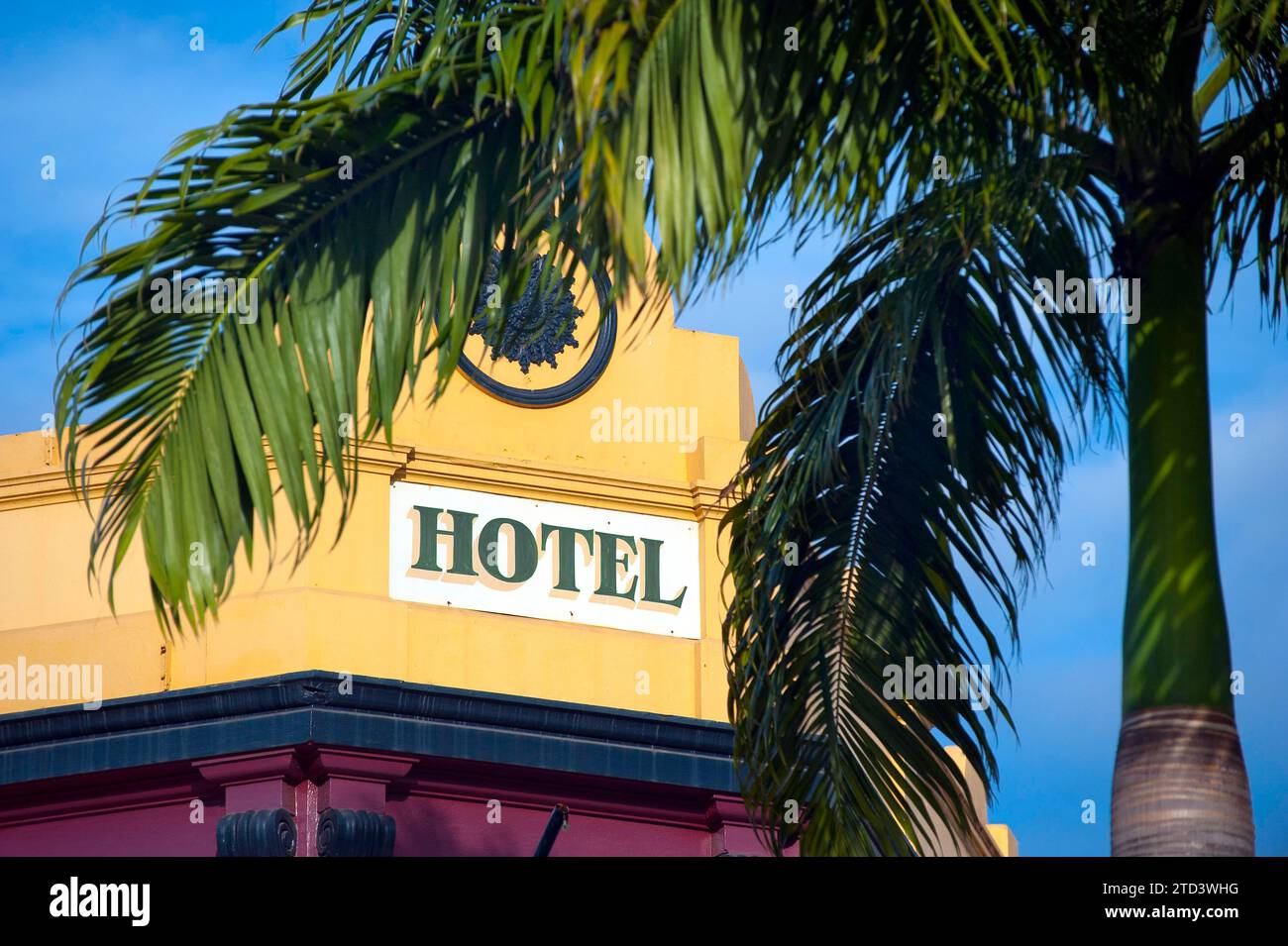 Hotelfassade mit Palme, Symbol, Hotel, Reise, Urlaub, Tourismus, Fernreisen, Unterkunft, Sonne Stockfoto
