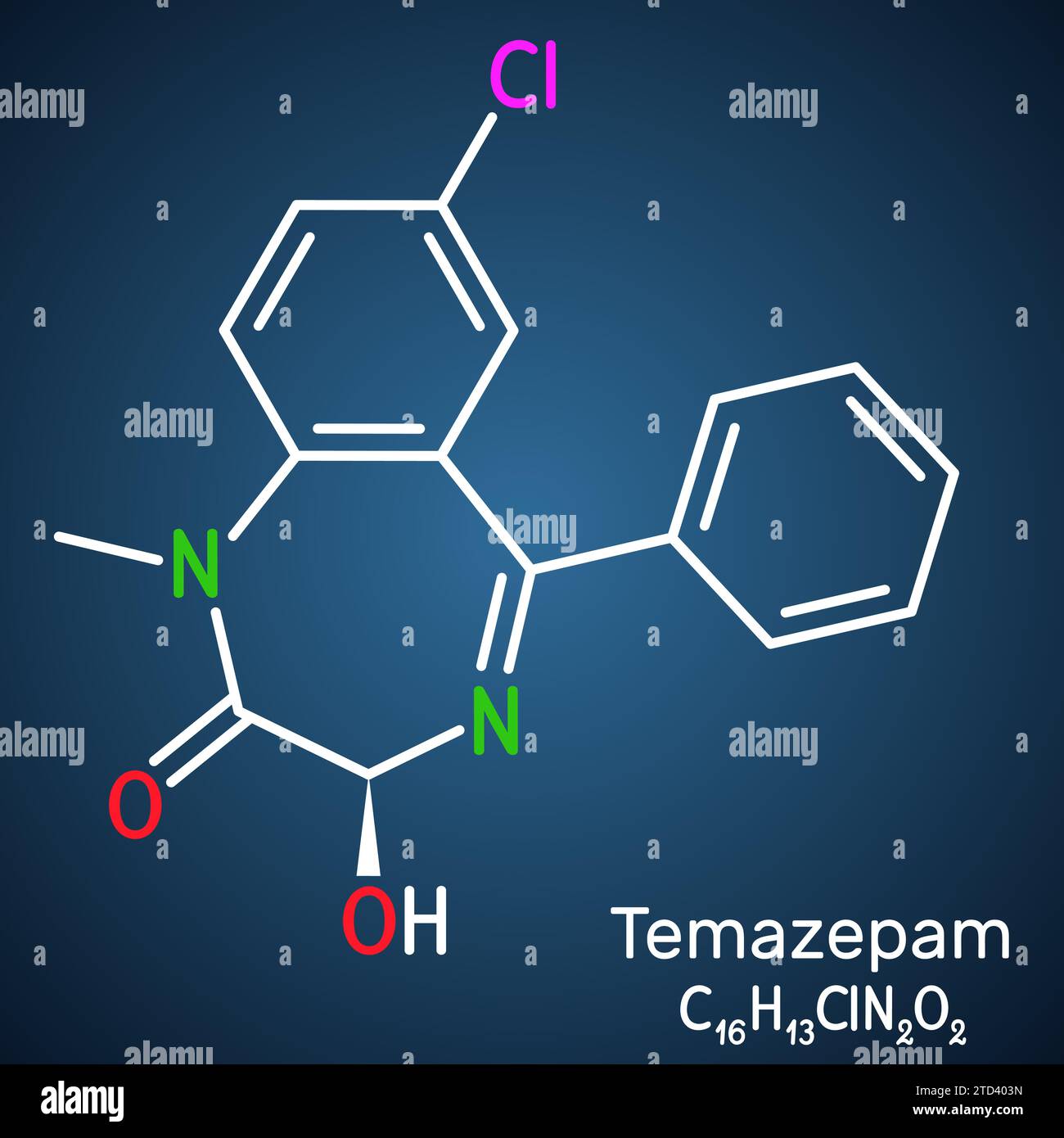 Arzneimittelmolekül Temazepam. Es ist Benzodiazepin, angewendet zur