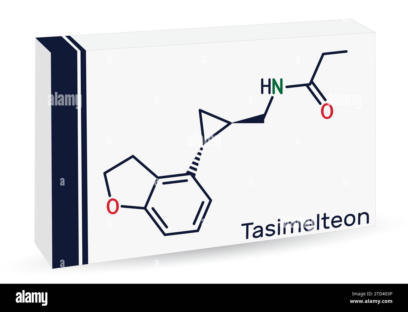 Tasimelteon-Molekül. Es ist ein Schlafstörungen-Medikament. Die chemische Formel des Skeletts. Papierverpackungen für Medikamente Stock Vektor