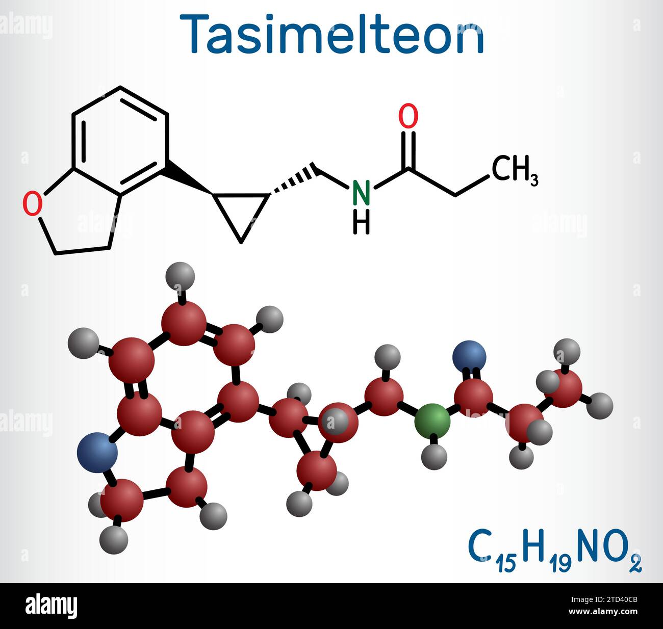 Tasimelteon-Molekül. Es ist ein Schlafstörungen-Medikament. Strukturelle chemische Formel und Molekülmodell Stock Vektor