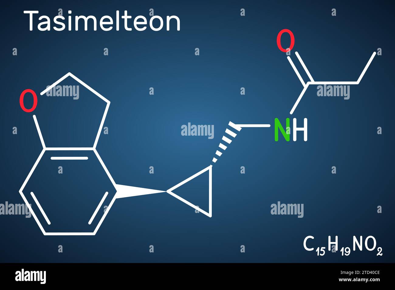 Tasimelteon-Molekül. Es ist ein Schlafstörungen-Medikament. Strukturelle chemische Formel auf dunkelblauem Hintergrund. Stock Vektor