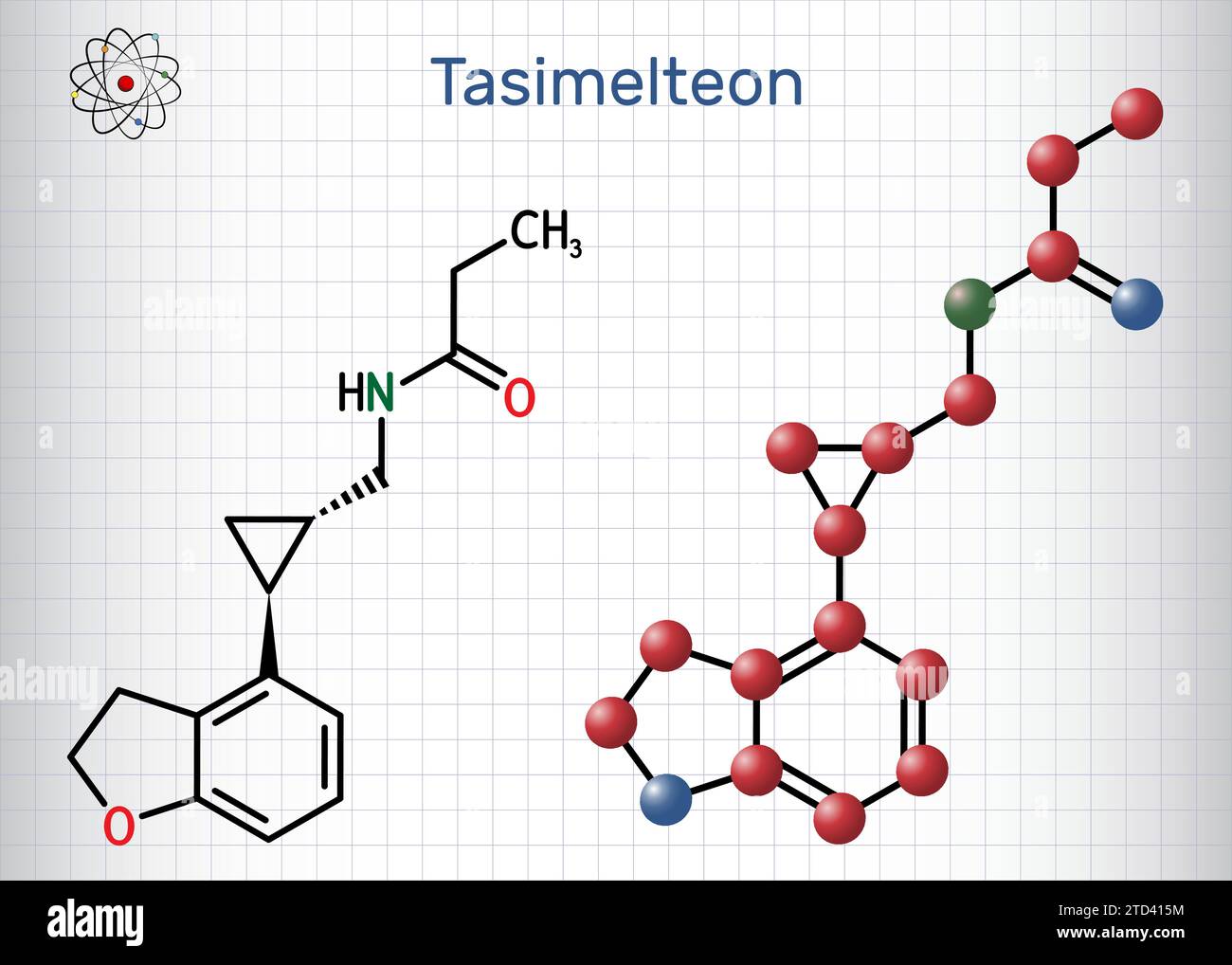 Tasimelteon-Molekül. Es ist ein Schlafstörungen-Medikament. Strukturelle chemische Formel und Molekülmodell. Blatt Papier in einem Käfig. Stock Vektor