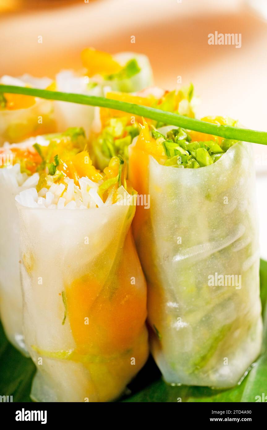 Frische Sommerrollen im vietnamesischen Stil, auf Palmblatt, Lebensmittelfotografie Stockfoto