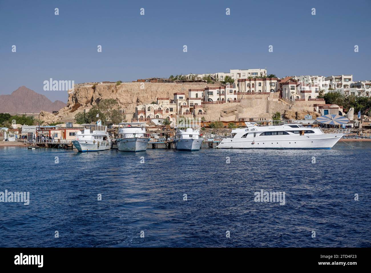 Tauchboote, Yachthafen, Umbi Sharks Bay Diving Village, Hotelkomplex, Resort, Küste, Sharm El-Sheikh, Rotes Meer, Sinai, Ägypten Stockfoto