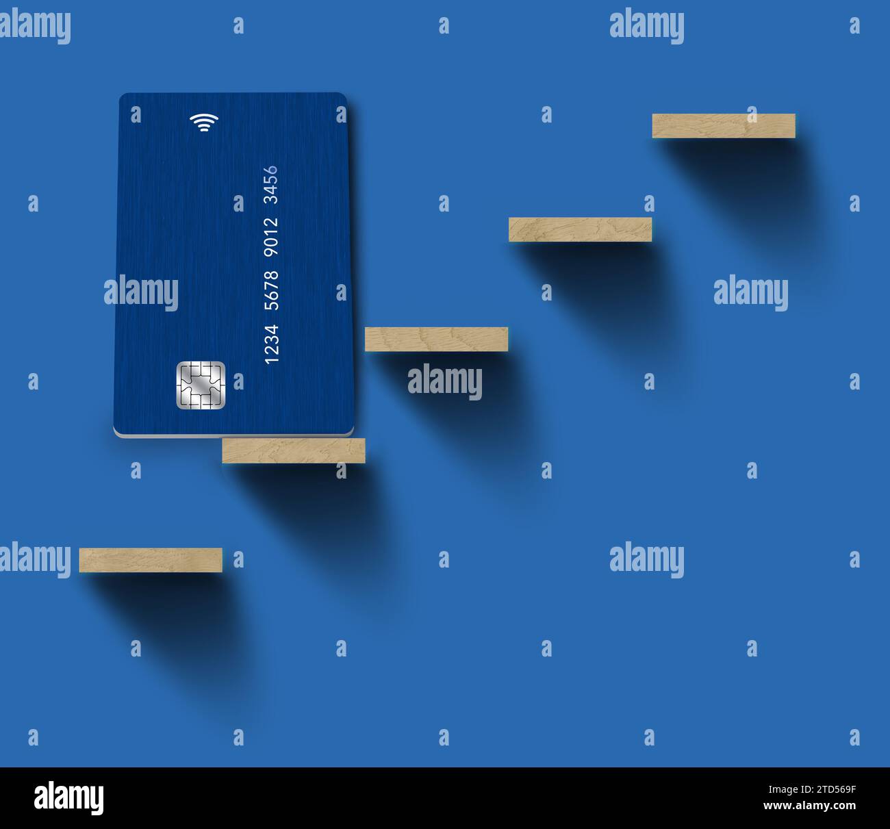 Auf einem kleinen Regal, das in einer 3D-Abbildung Textbereich oder Kopierraum bietet, befindet sich eine generische, dunkle Kredit- oder Debitkarte. Stockfoto