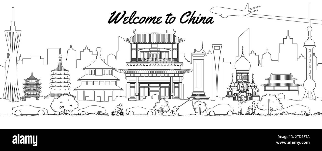 China berühmte Wahrzeichen Silhouette Linie Stil, Vektor Illustration Stock Vektor