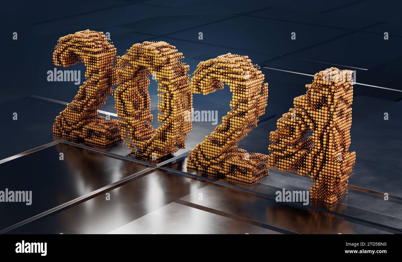Zahlen 2024 aus vielen Sphären, abstraktes Hintergrundsymbol des neuen Jahres. 3D-Rendering. Stockfoto