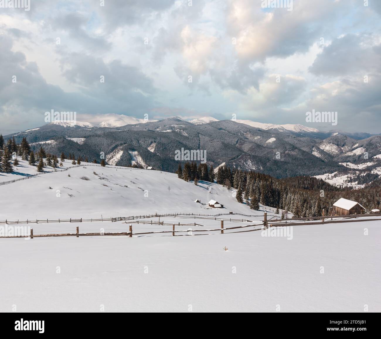 Malerisch verschneiten Winter Berghang und einsame Bauernhaus auf der Hochebene Gehöft, Karpaten, Ukraine. Chornohora ridge Panorama und Pip Ivan Berg Stockfoto